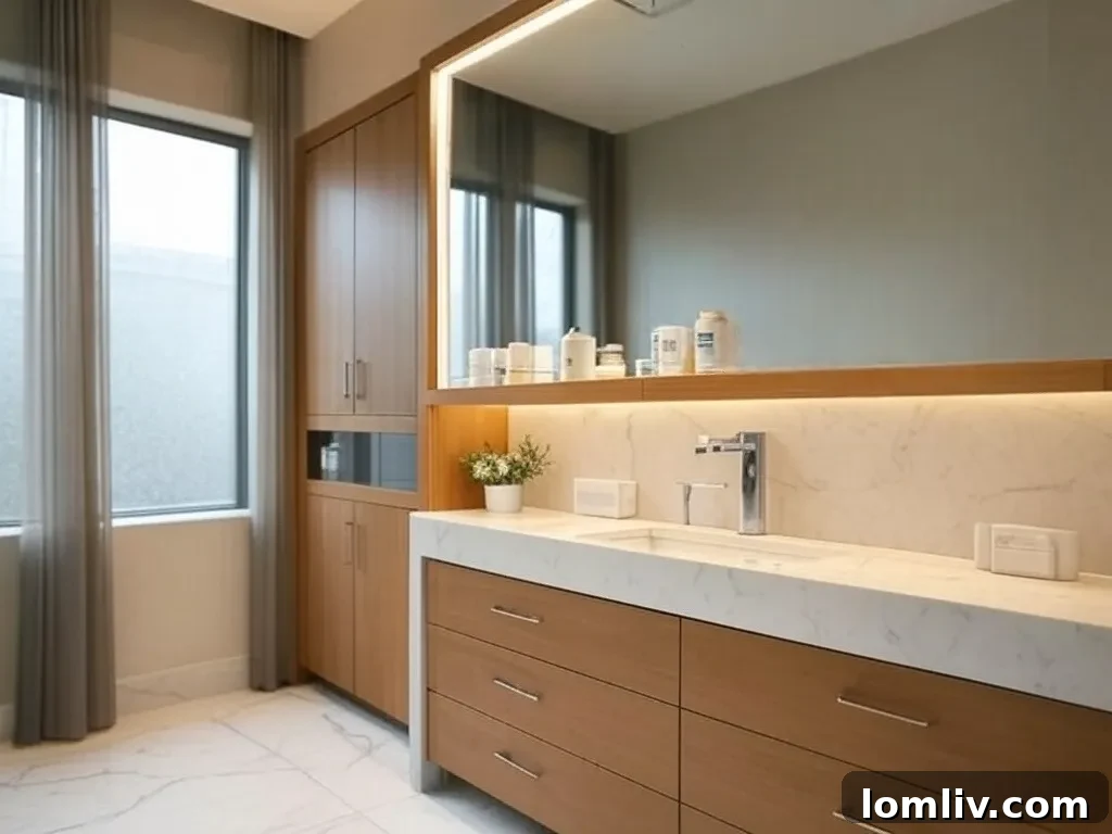 A modern bathroom with a lighted medicine cabinet above the sink, illuminating the space beautifully.