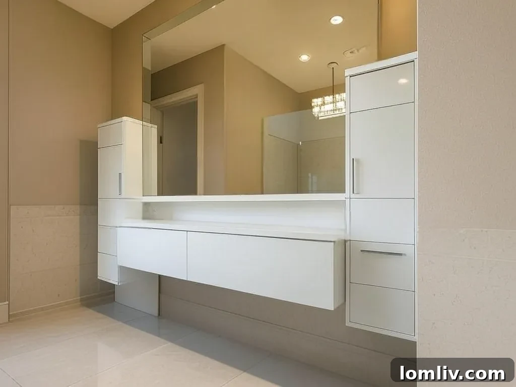 A clear, fog-free mirror in a steamy bathroom, demonstrating the anti-fog feature of a modern medicine cabinet.