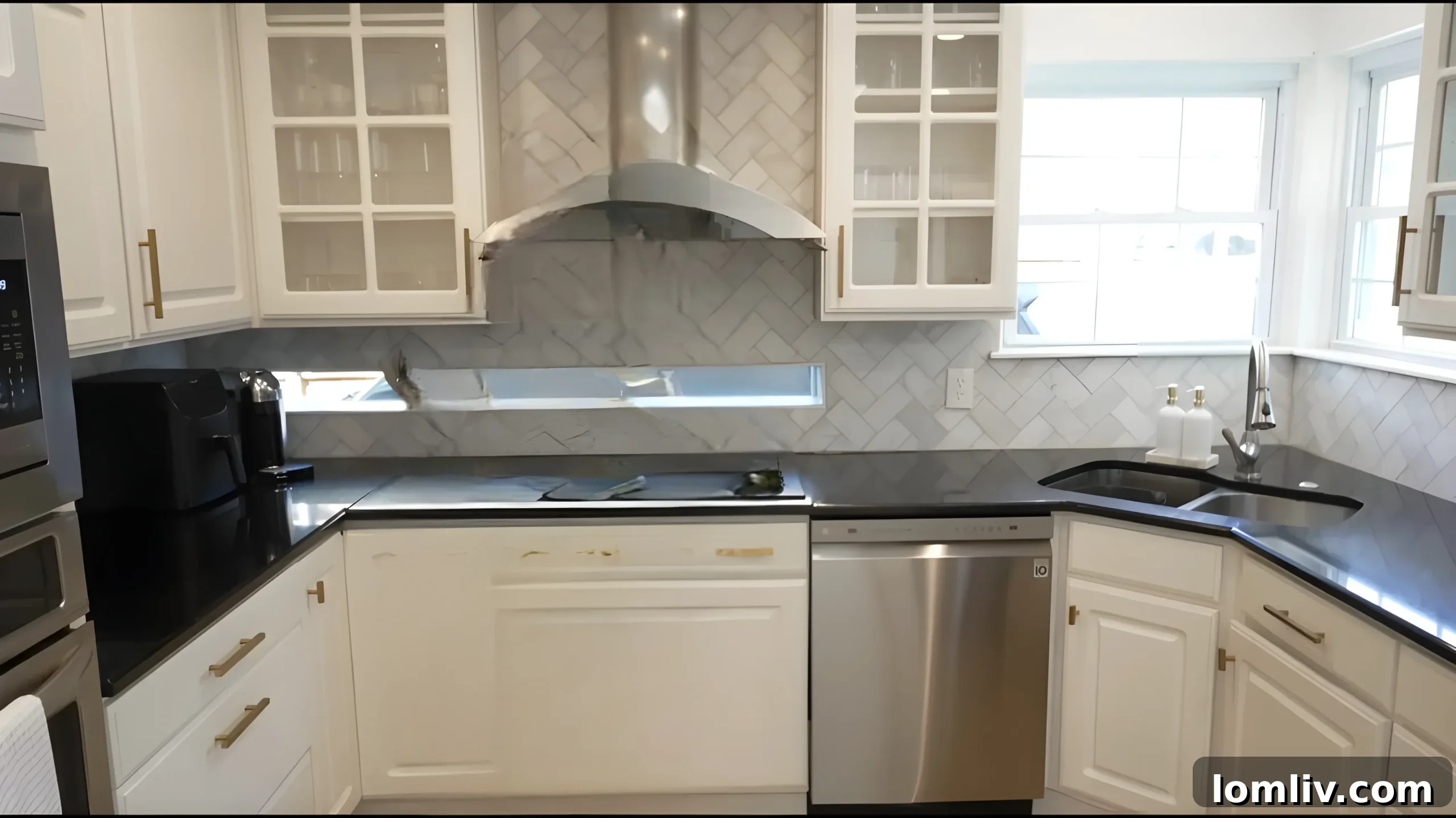 Lexie Witt Townsend's bright and modern kitchen with original brickwork, open shelving, and a large island perfect for gathering.