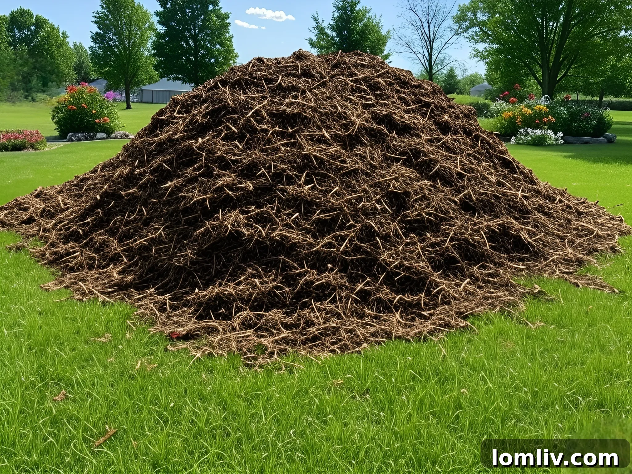 Heavy machinery spreading bulk mulch, illustrating ease of use for large projects.