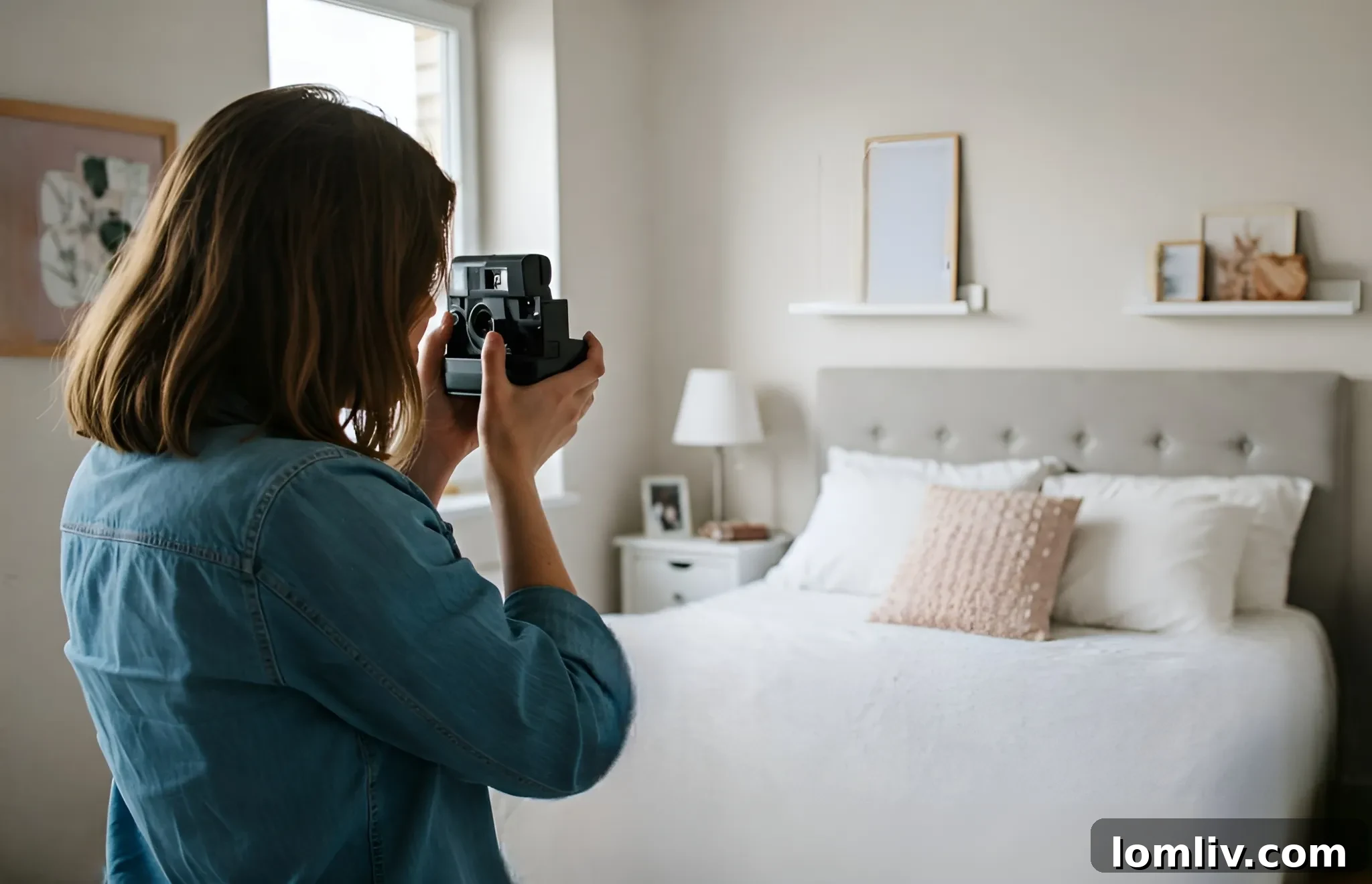 A person looking at a laptop with a rental listing and a warning not to catfish the listing.