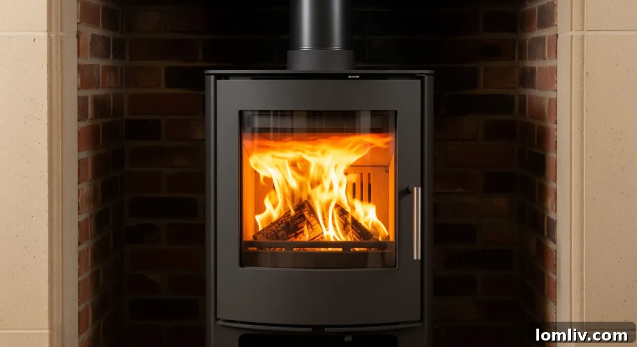 A close-up shot of a modern, sleek wood-burning stove made of sturdy cast iron, highlighting its durable construction.