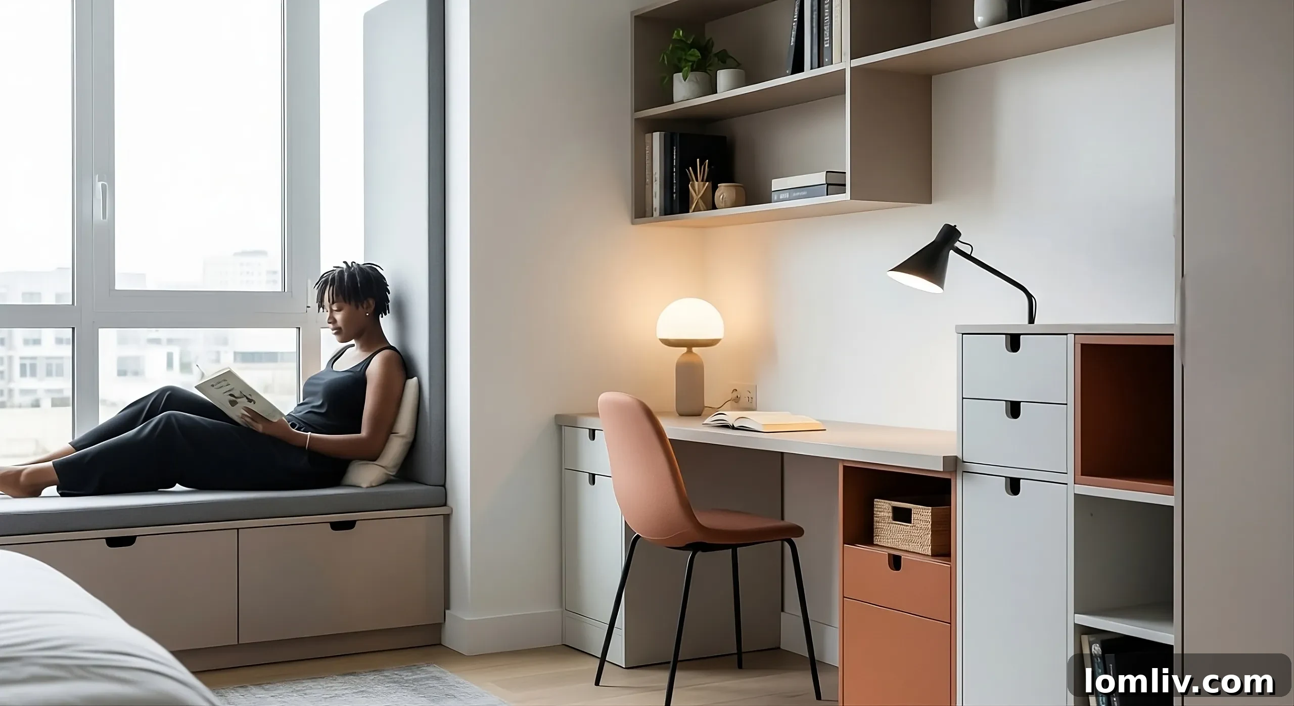 Contemporary home office with a view and comfortable seating