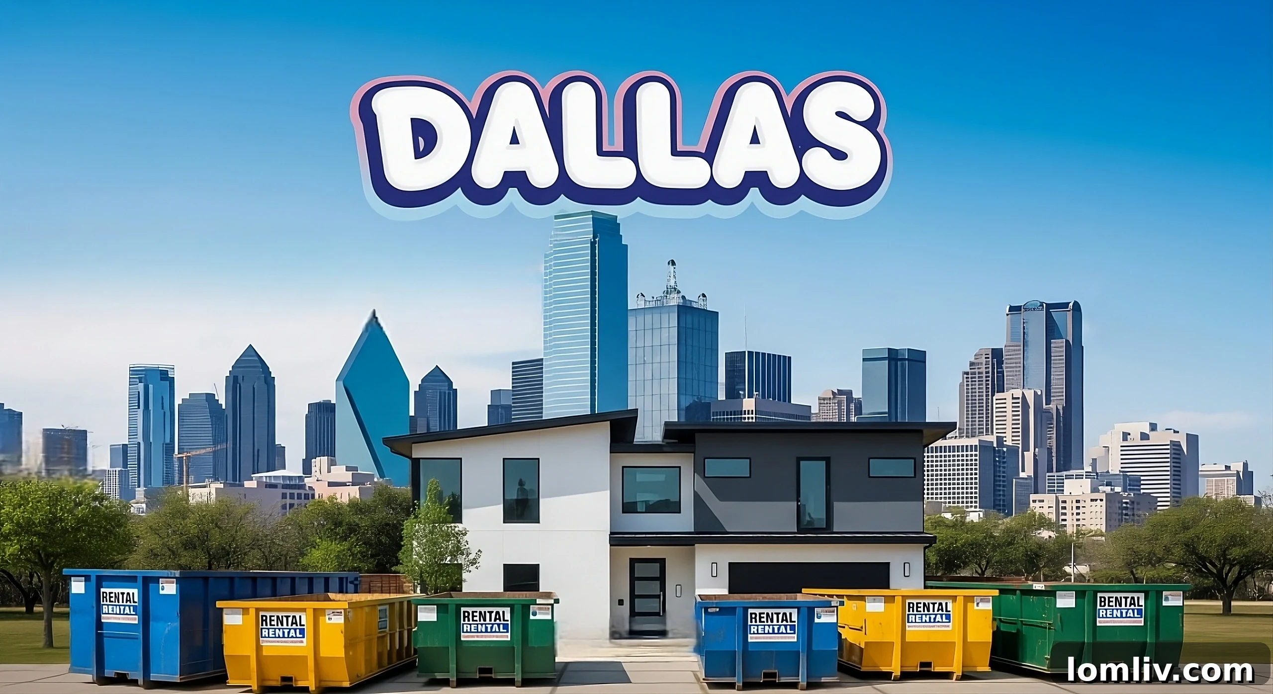 Dallas skyline with construction debris and a dumpster, representing house flipping in DFW