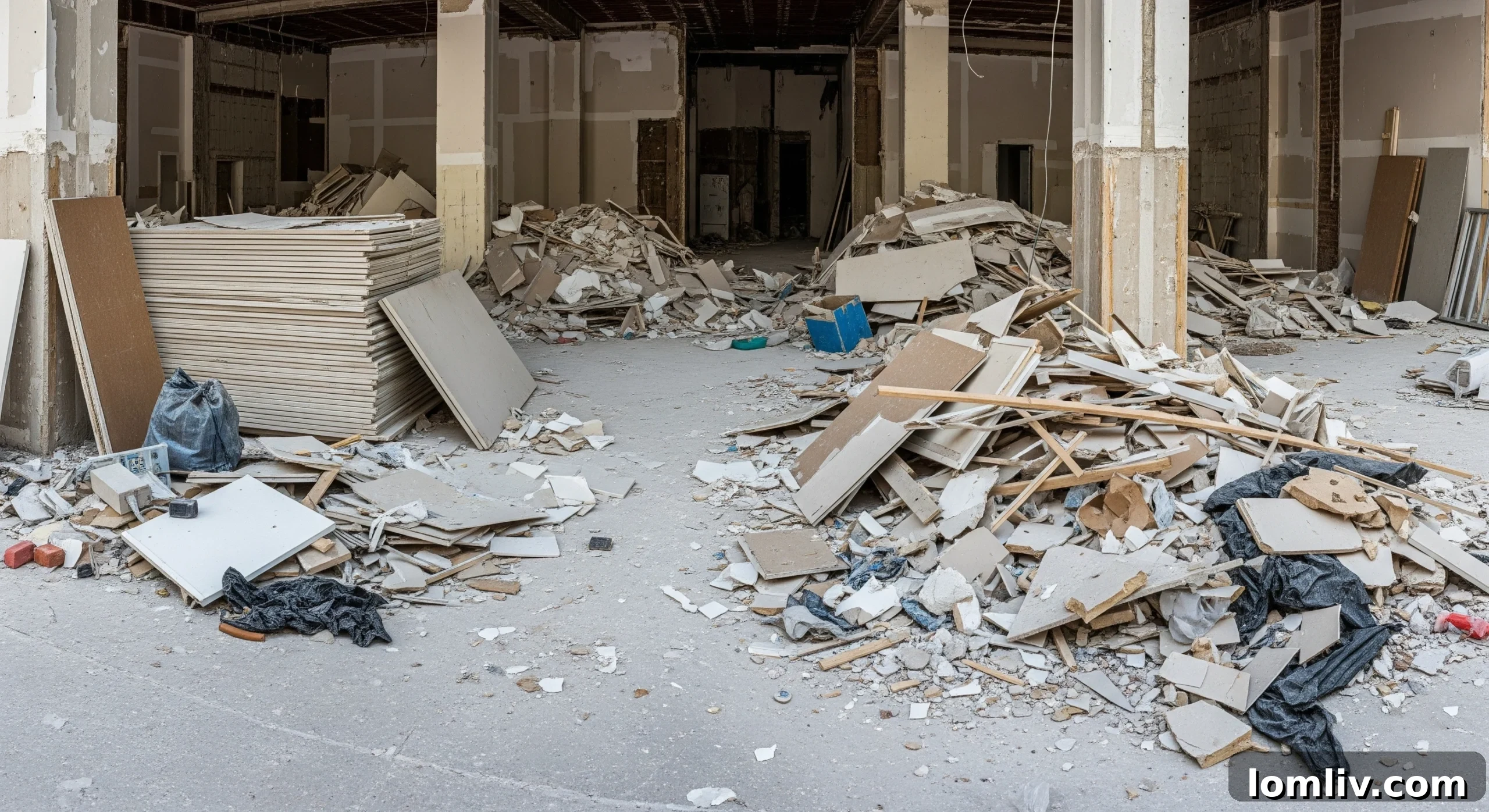 Construction workers loading debris into a large dumpster at a Dallas renovation site