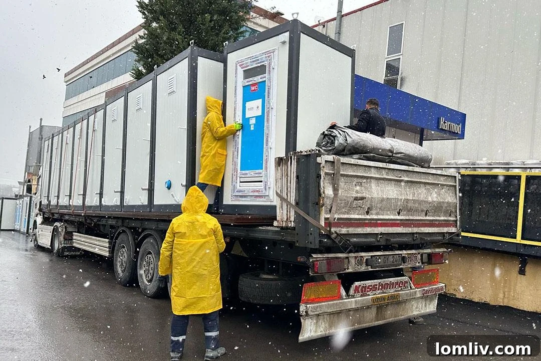 Karmod Kiosk modular restroom unit on a construction site, emphasizing durability and practical design.