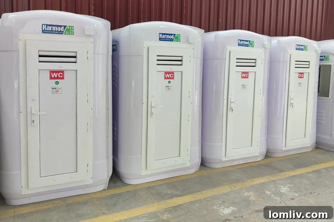 Karmod Kiosk portable sanitation units ready for shipment, showcasing global logistics capabilities.