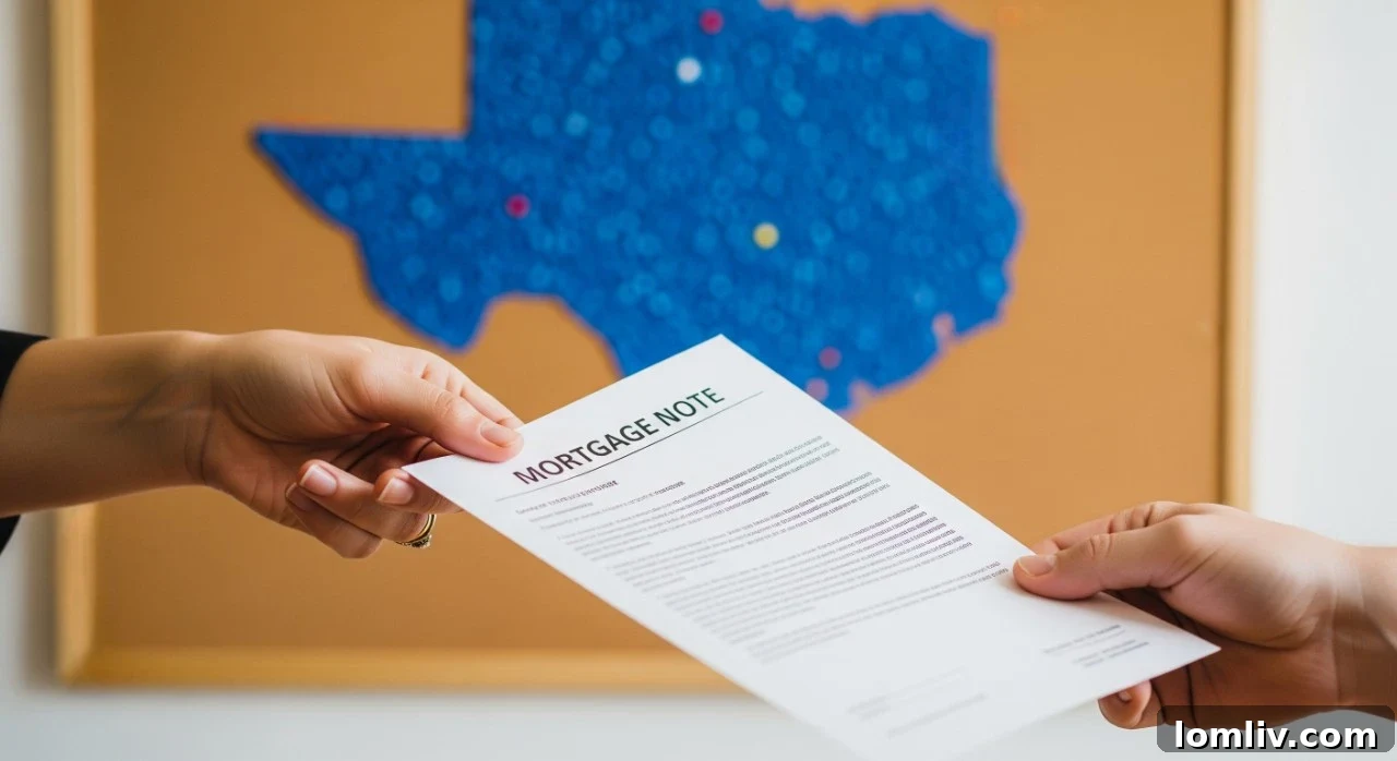 Detailed view of a Texas mortgage note document and a pen, emphasizing the legal nature of the agreement.