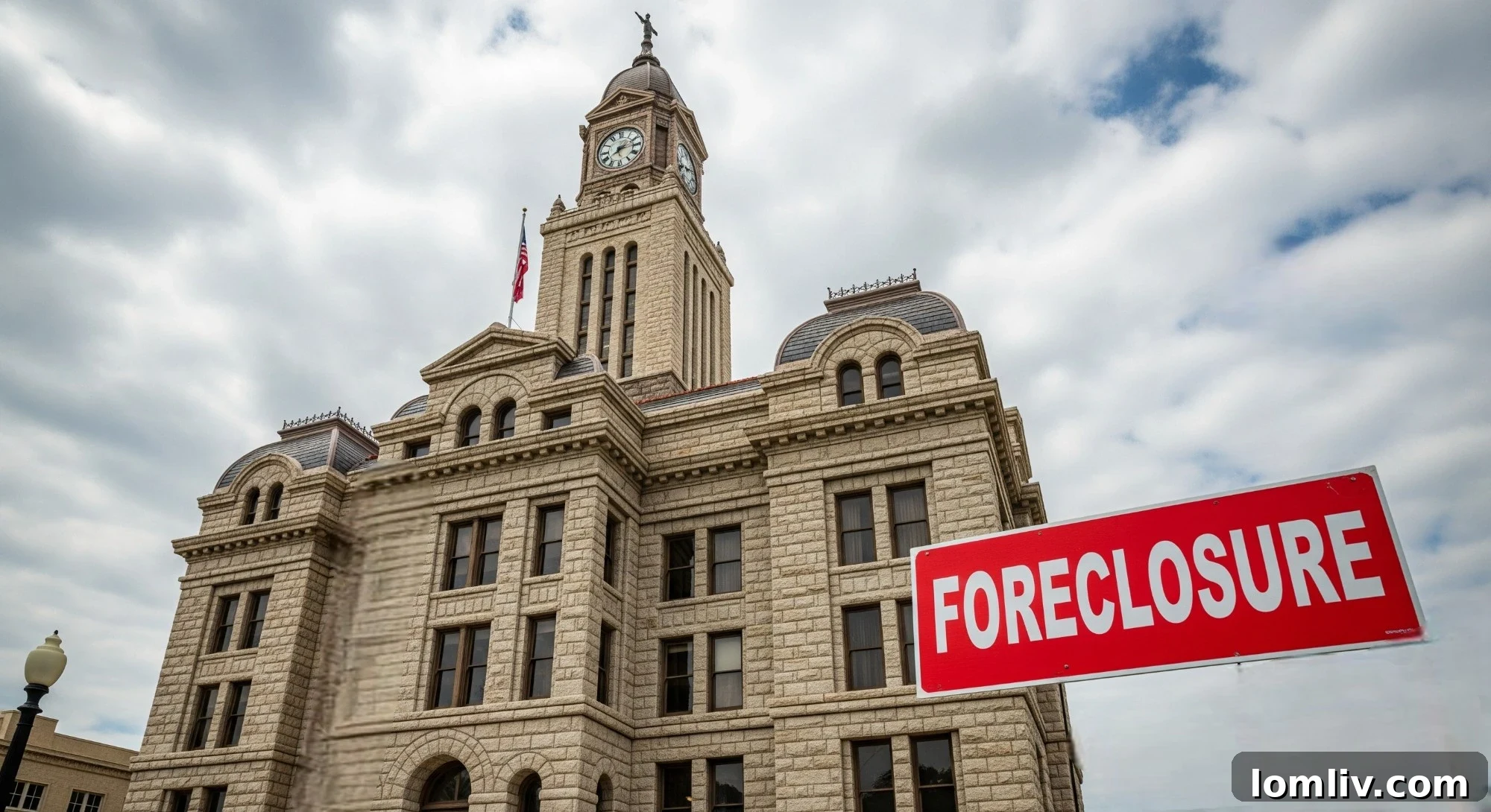 A legal document labeled 'Foreclosure Notice' on a courthouse steps, symbolizing the legal process in Texas.
