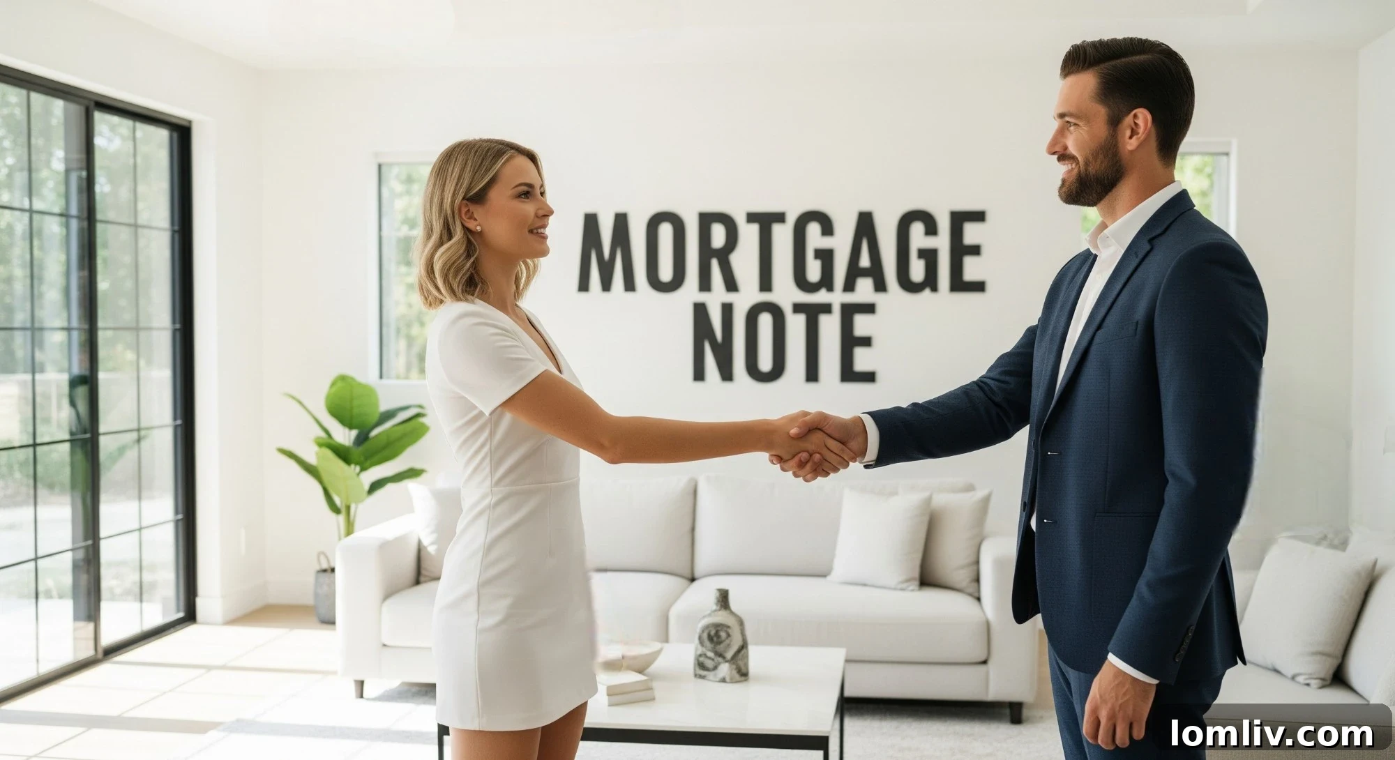 Two business people shaking hands over a table with documents, symbolizing a successful and trustworthy note sale transaction.