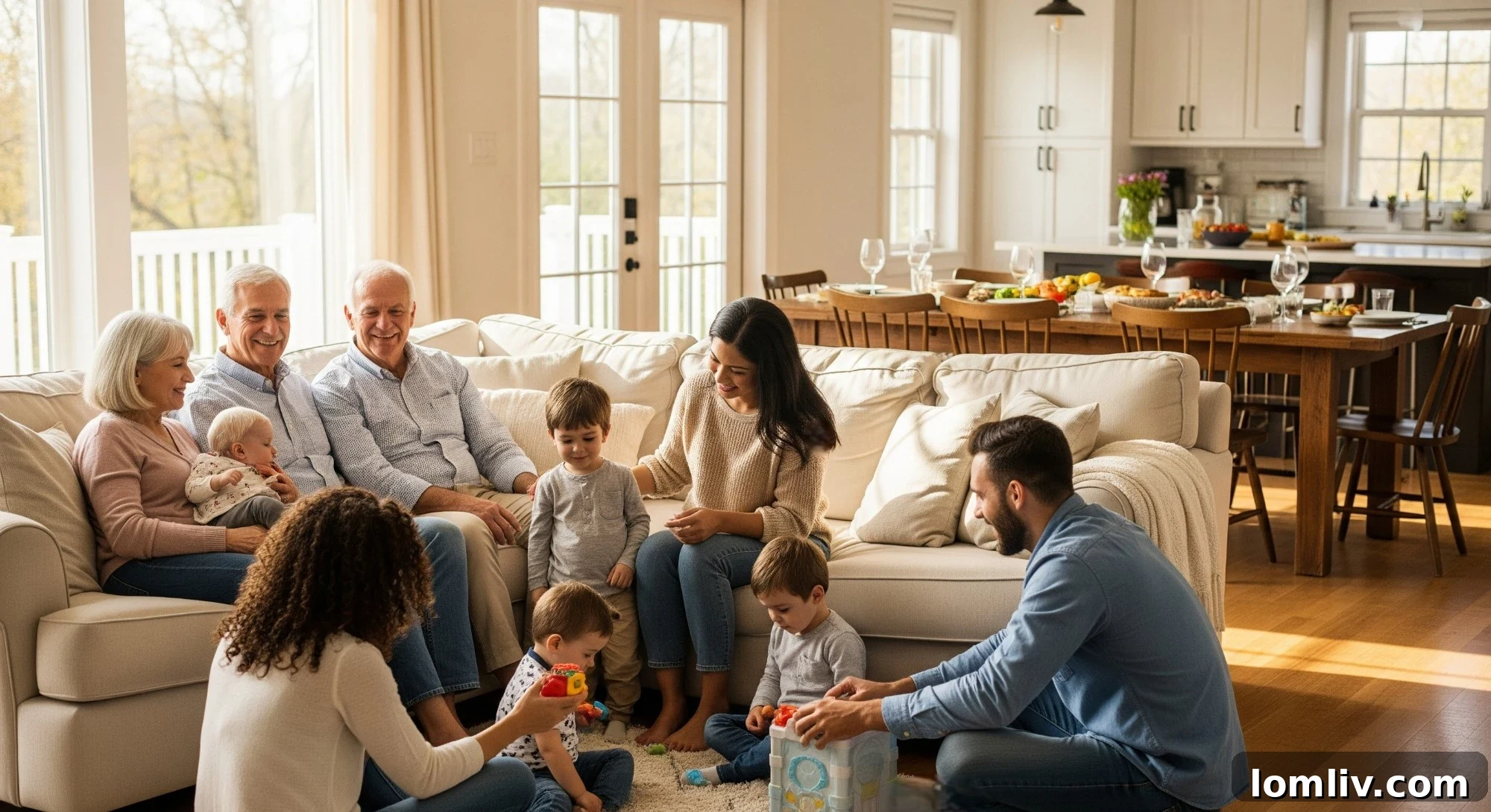 Grandparents enjoying multi-generational living in their forever home, surrounded by family