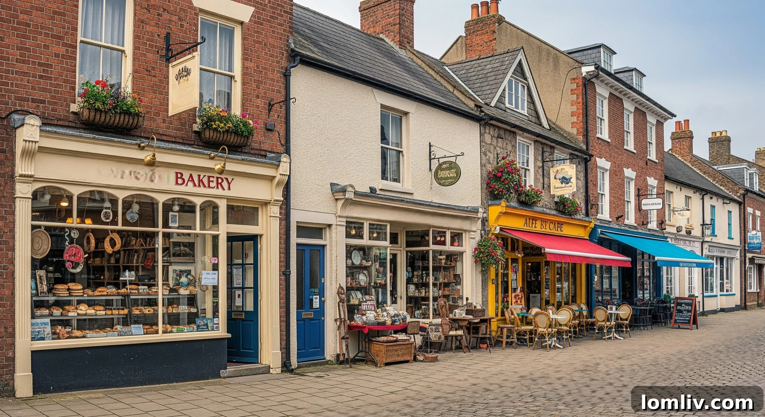 Bustling main street of a historic town with unique local businesses and artisan shops.