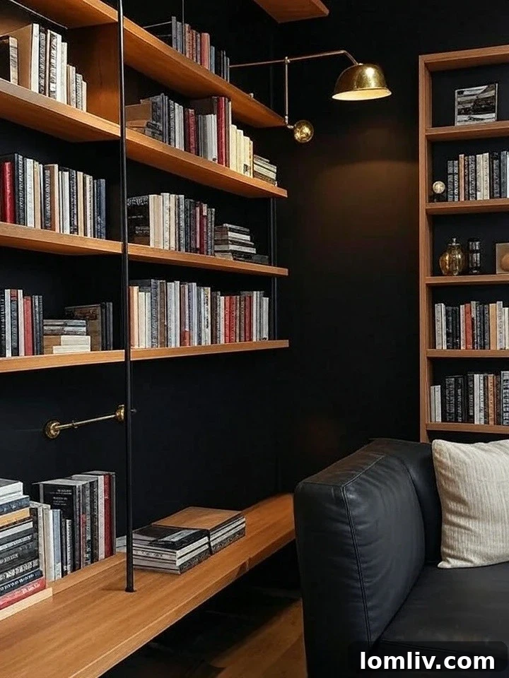 Stylish kitchen with black peel and stick wallpaper on accent wall
