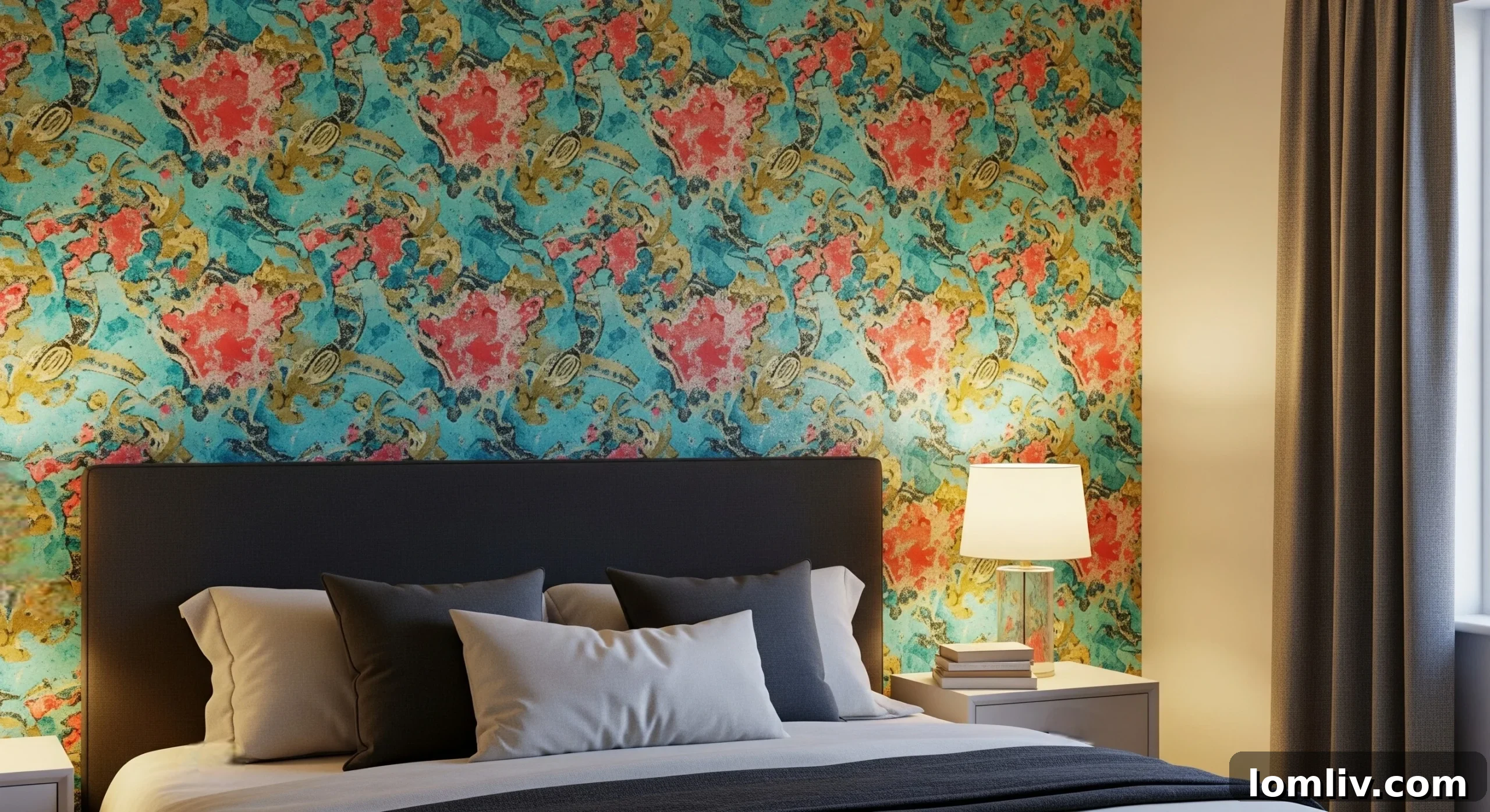 Dining nook with black peel and stick wallpaper and modern furniture