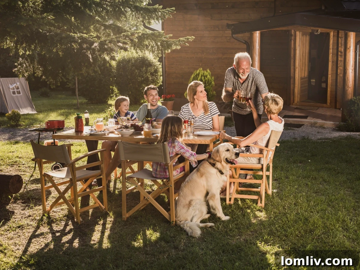 Family relaxing in a sunny backyard with tips to stay cool