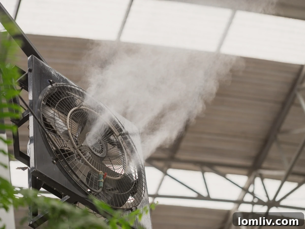 Misting fan cooling a patio seating area