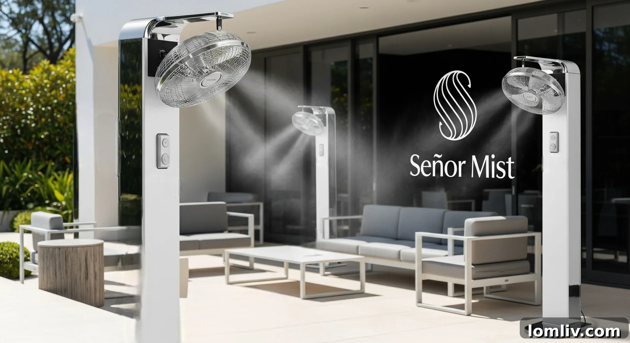 Residential backyard with a low-profile misting system