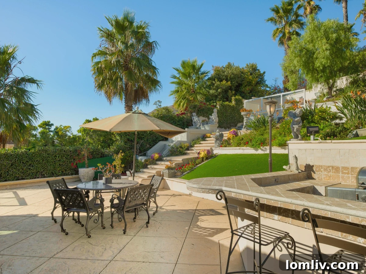 Backyard with trees, vines, and shrubs providing shade