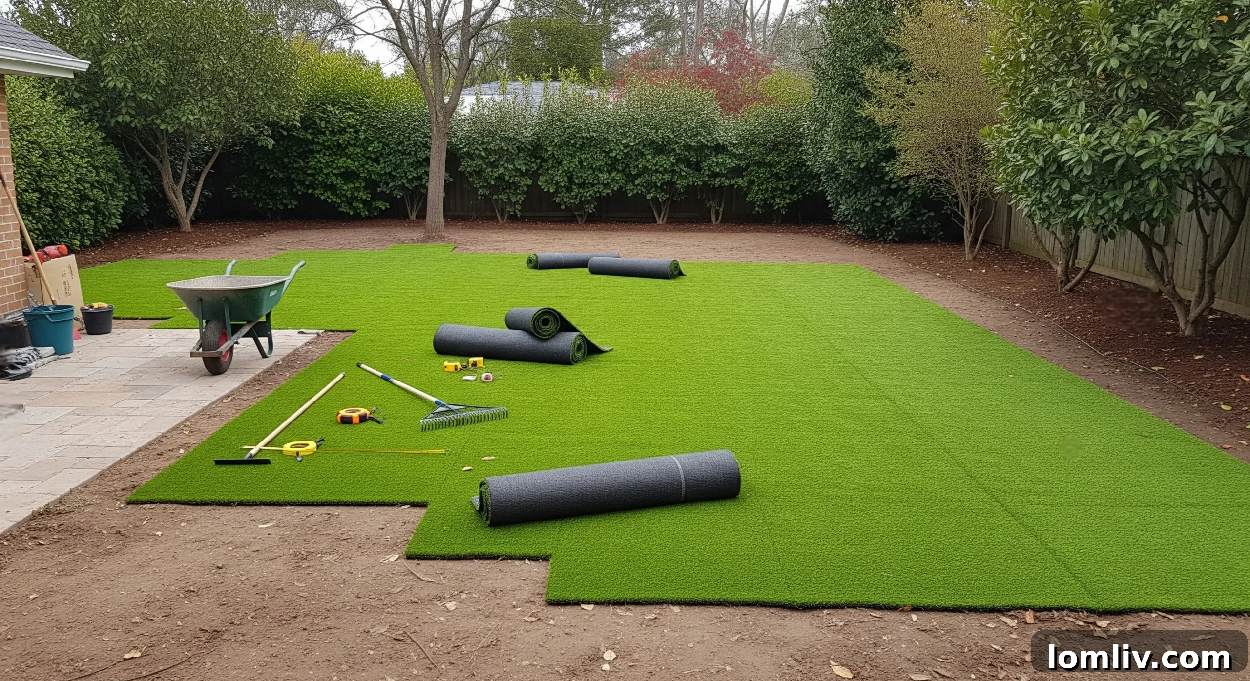 Freshly installed artificial grass lawn