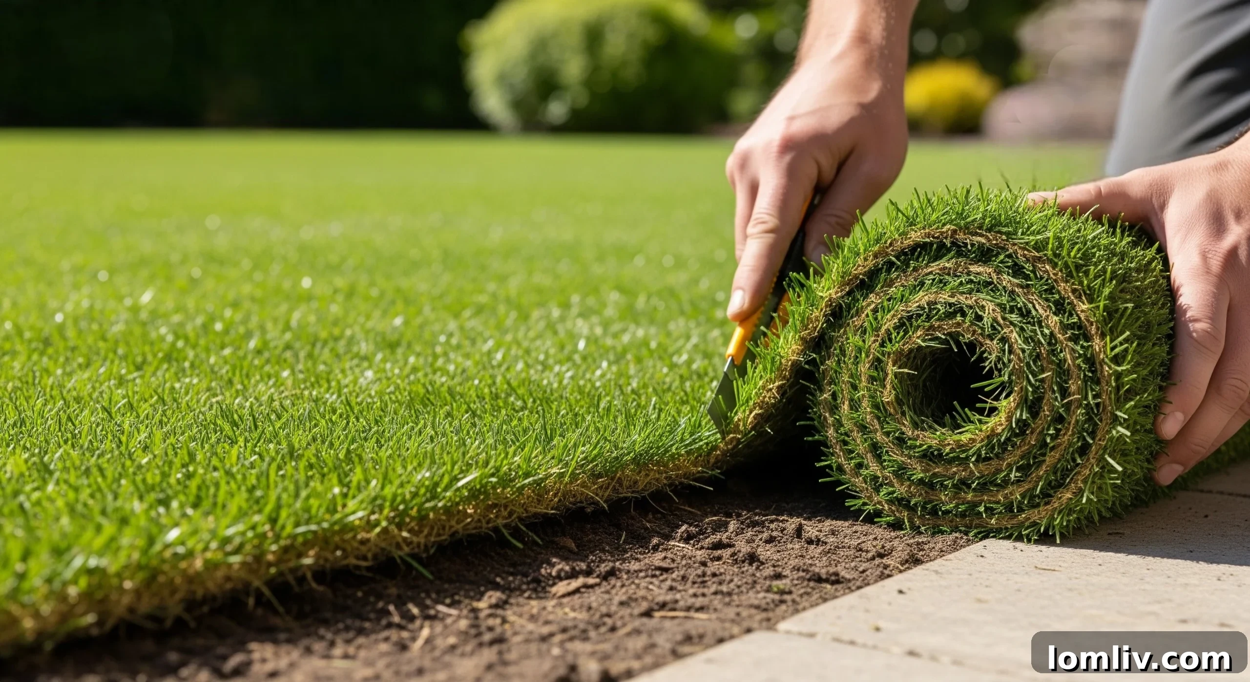 Artificial grass being unrolled and cut