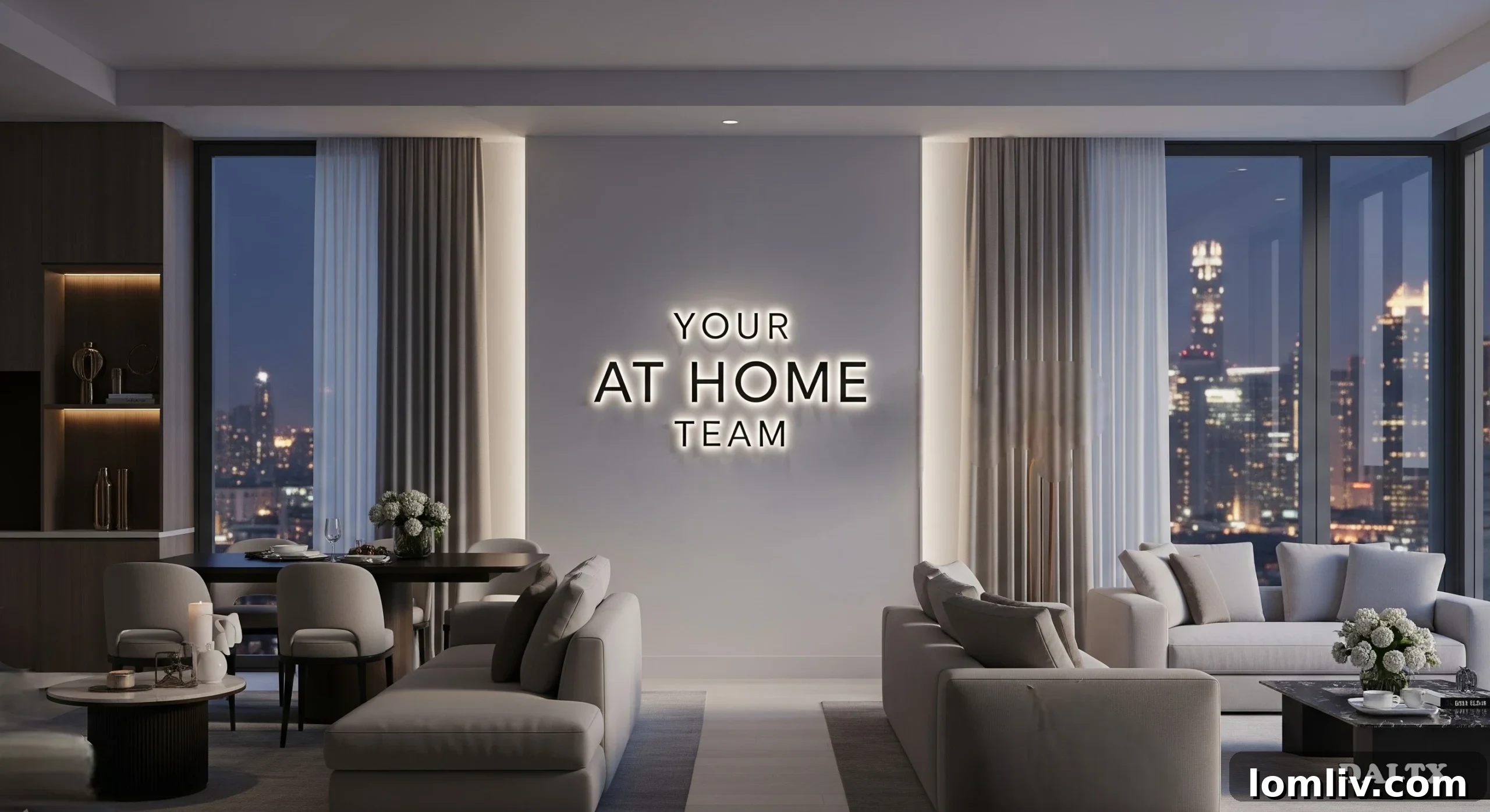 Modern and minimalist living room interior with a large window overlooking a city skyline.