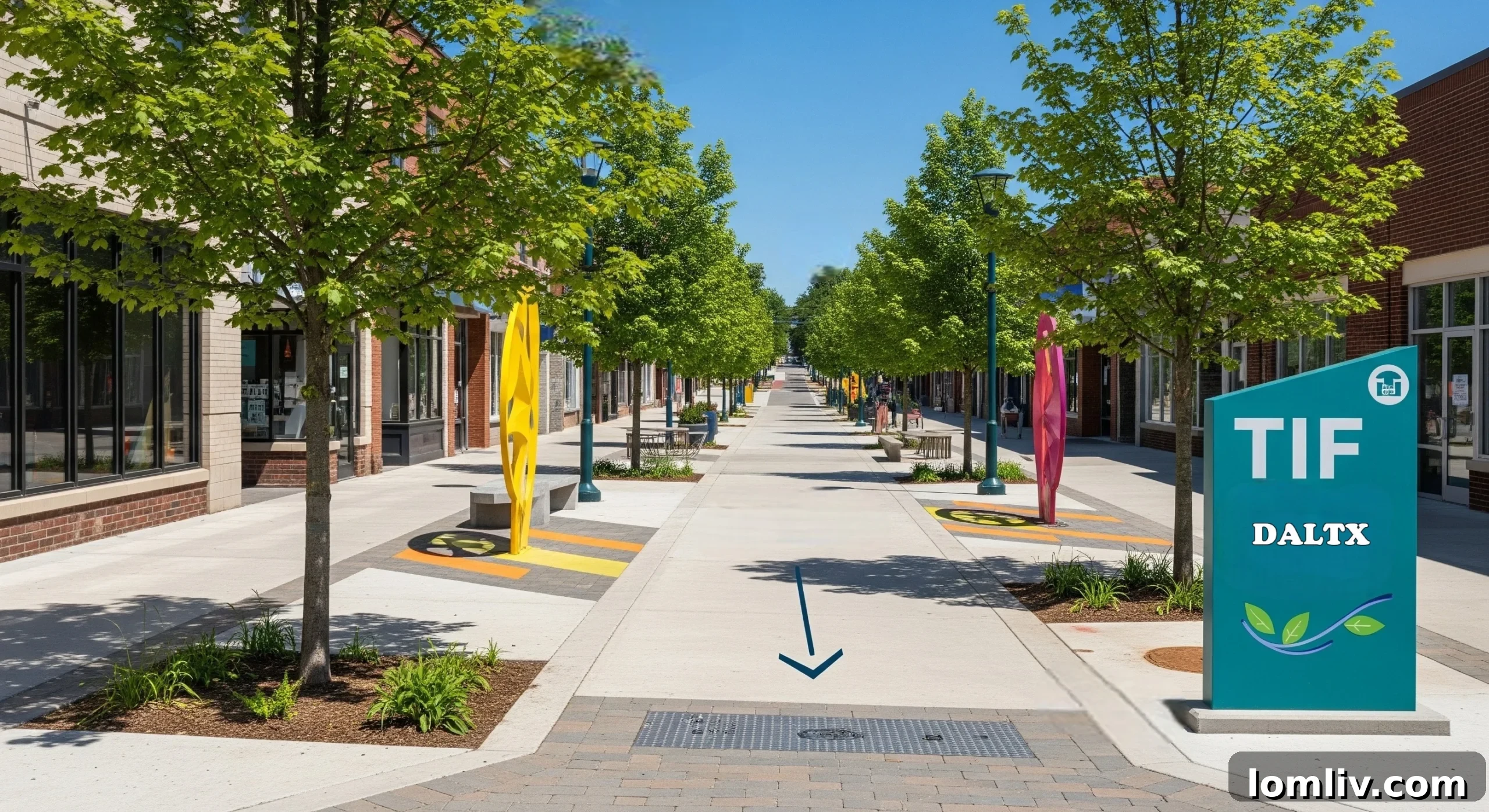 Architectural rendering of a modern urban development with green spaces, illustrating the type of projects supported by public financing mechanisms like TIF and special assessment districts.