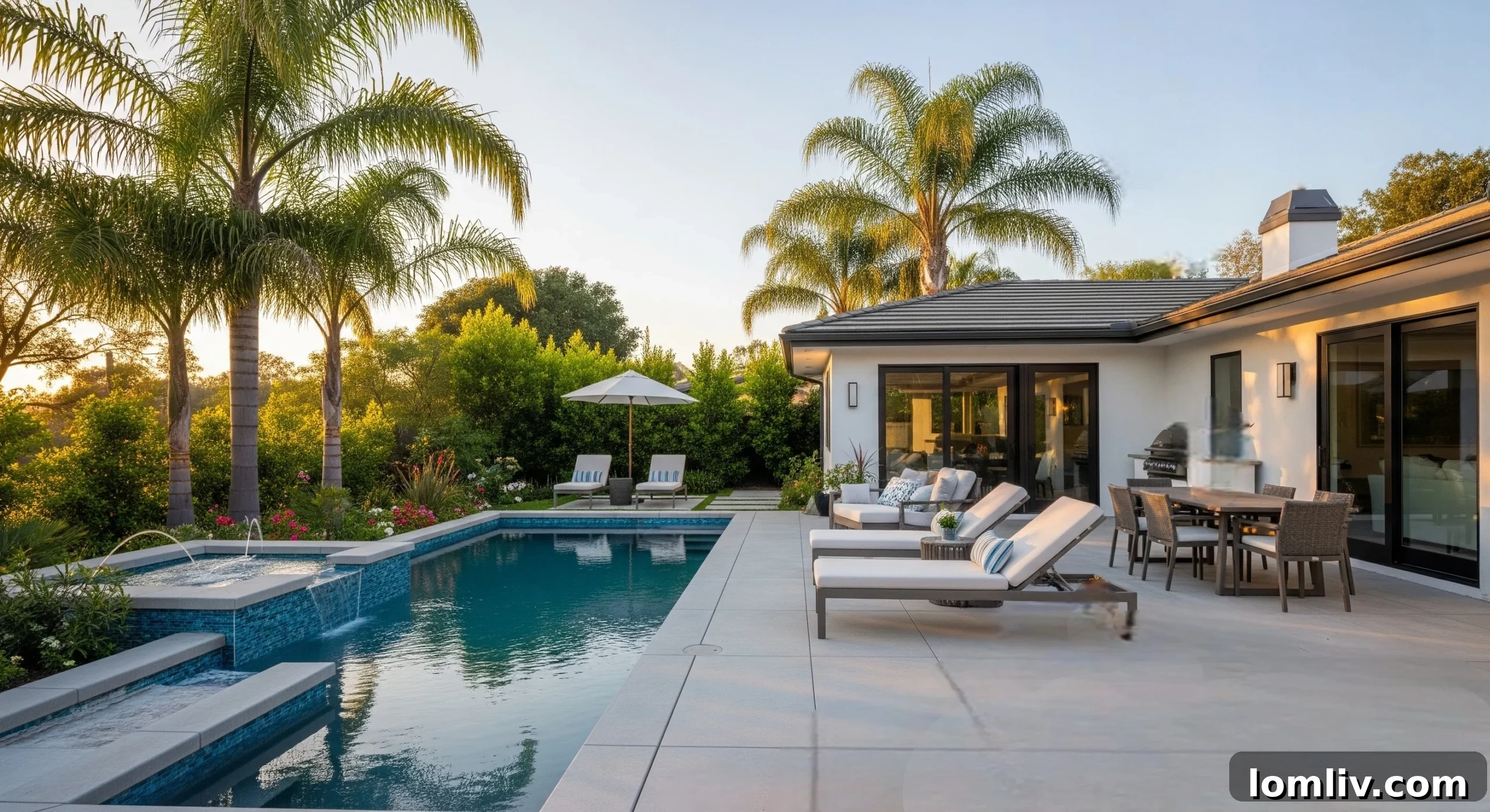 Luxury pool area with modern design and lush landscaping, reflecting the evolving expectations for outdoor living in California.