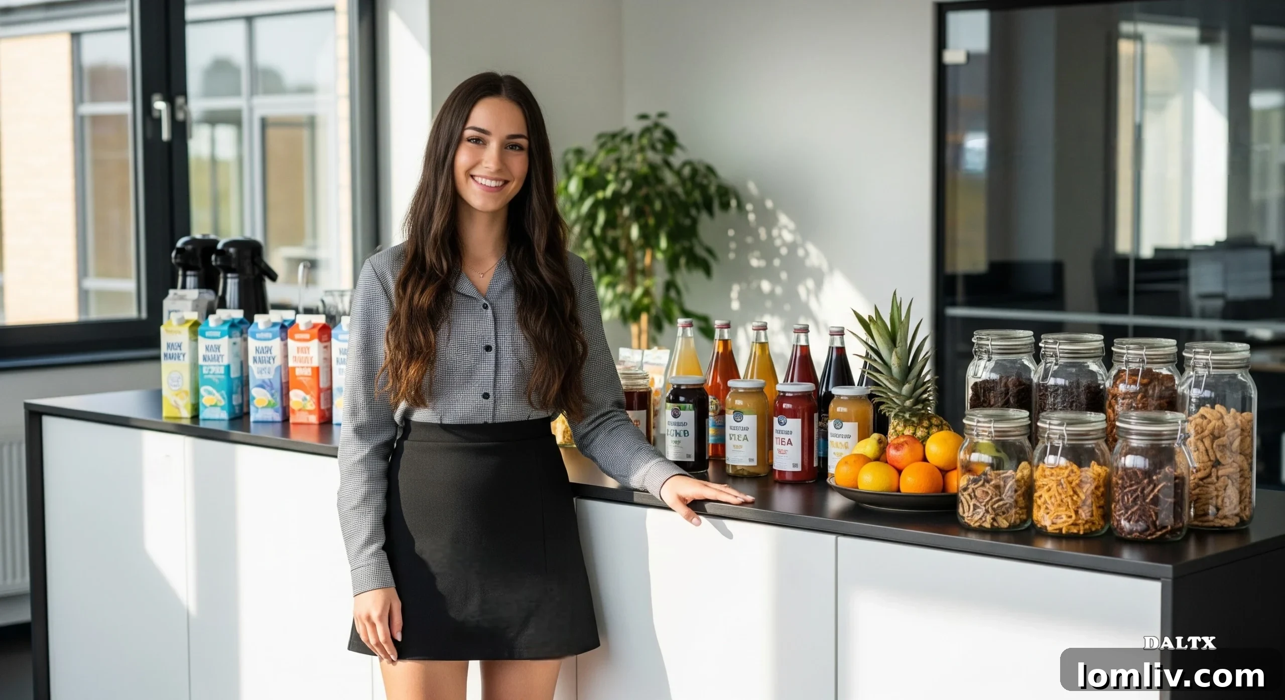 Unlocking Engagement: The Perks Modern Employees Crave 2 A well-stocked modern office kitchen with fresh fruit, beverages, and healthy snacks.