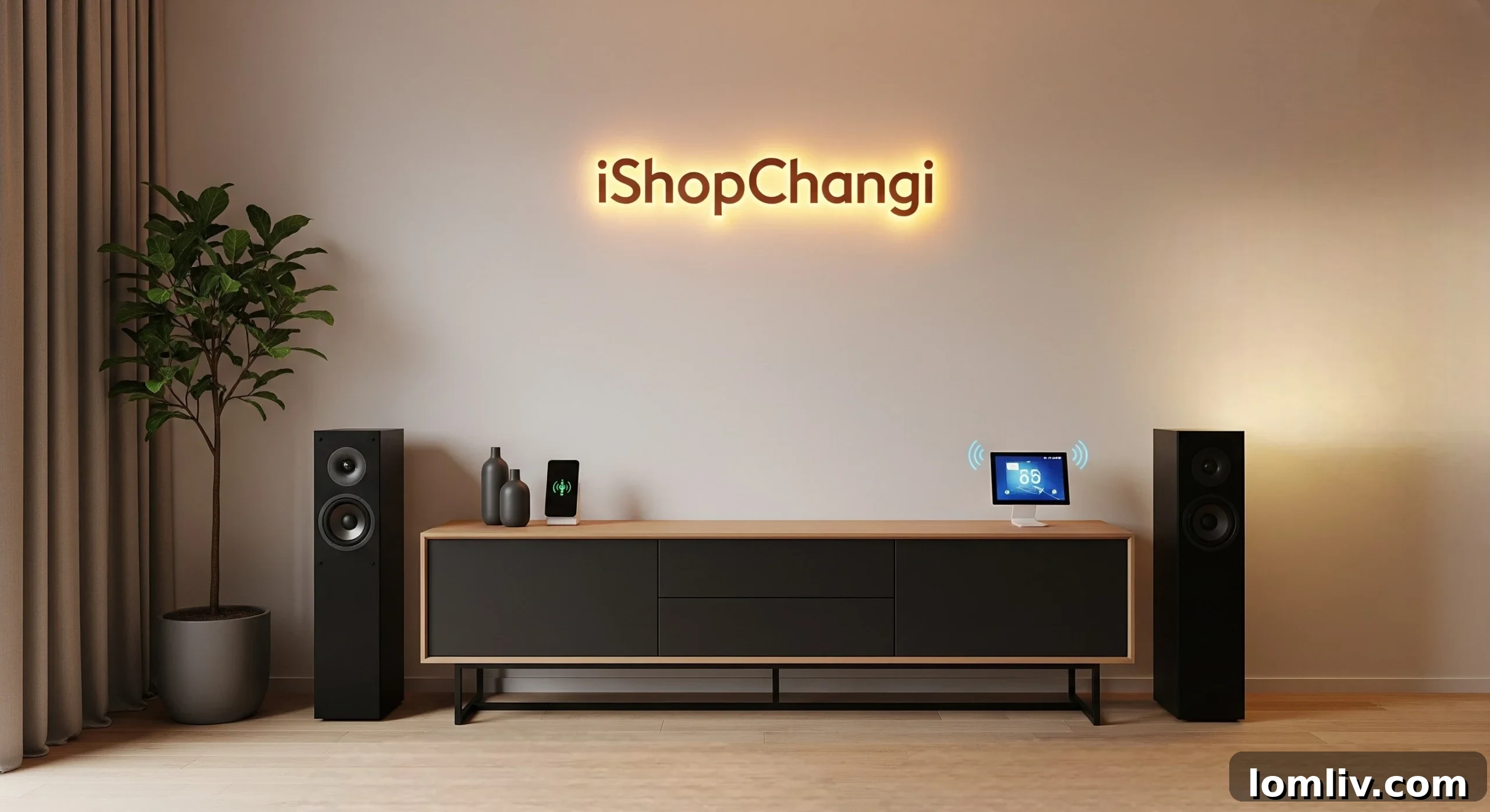 Modern living room with integrated smart tech and clean design.