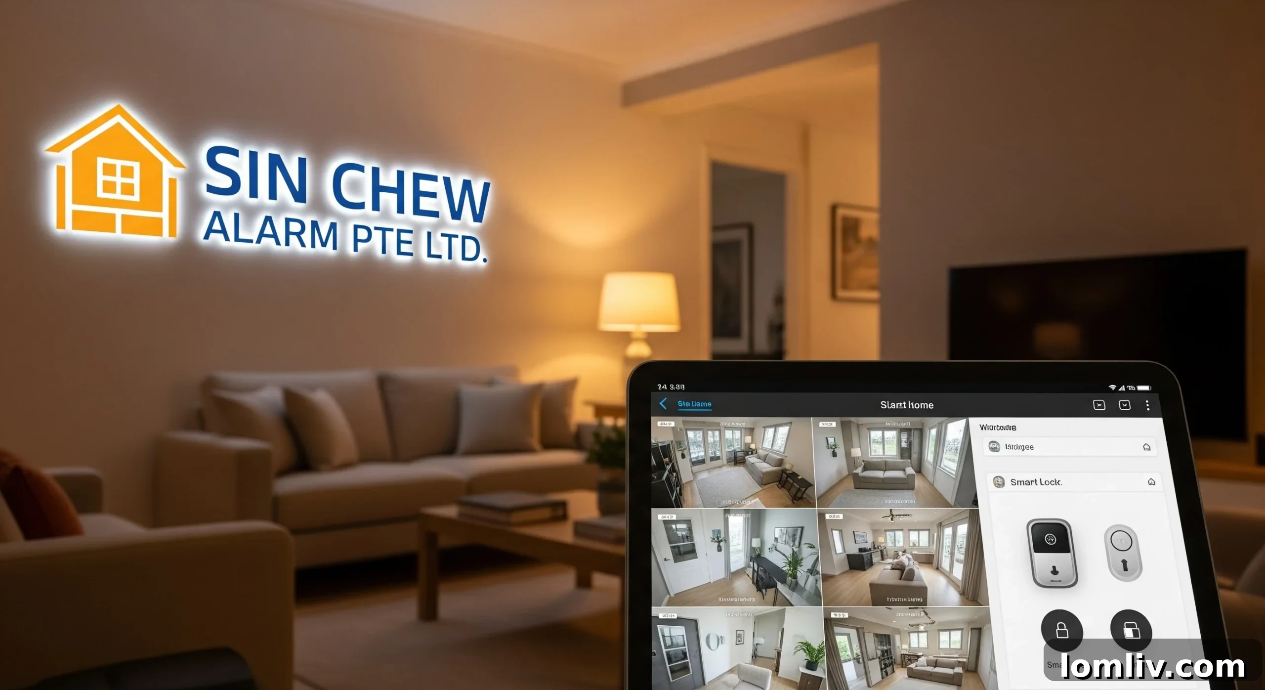 Modern home security system integrated into a smart living room