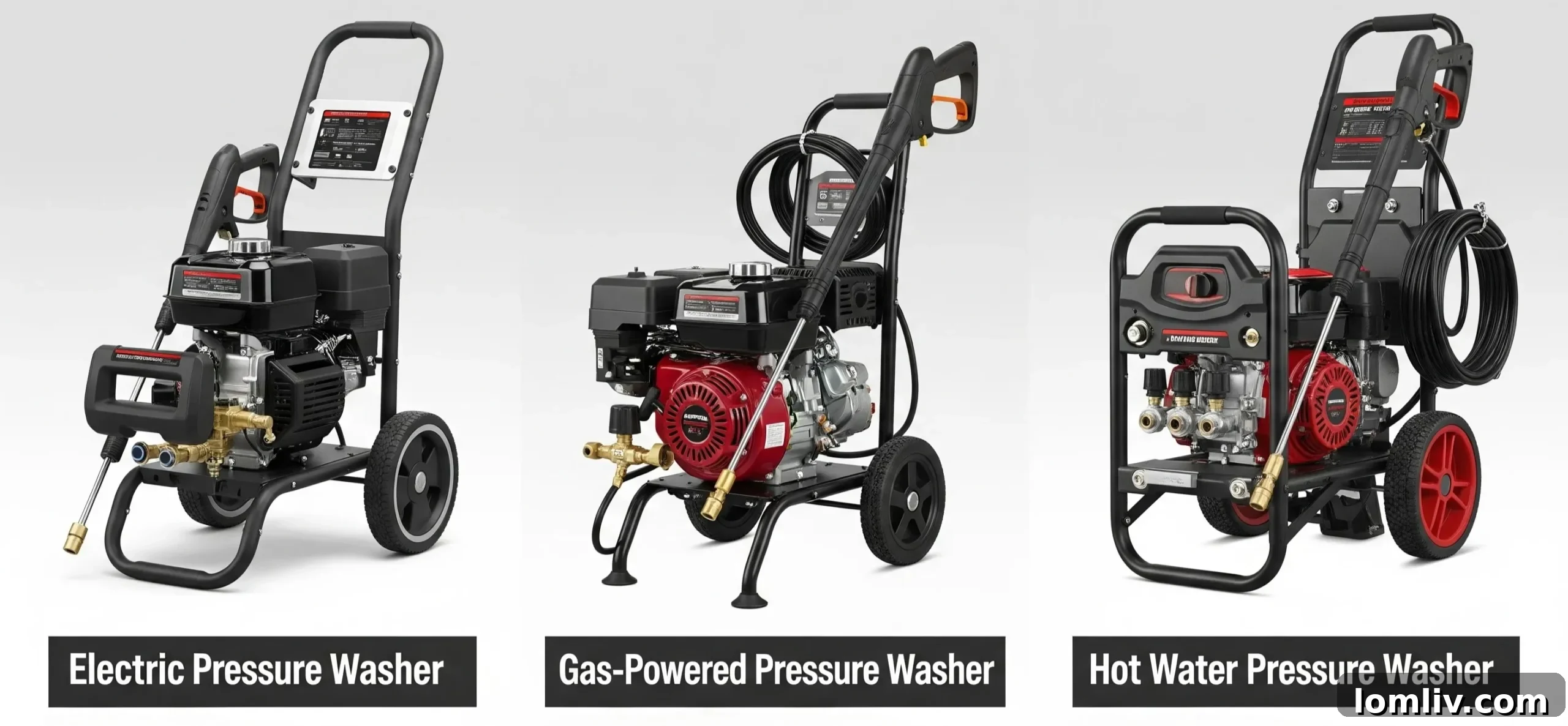 A selection of various high-pressure washer types lined up, showcasing different sizes and designs for diverse cleaning needs.