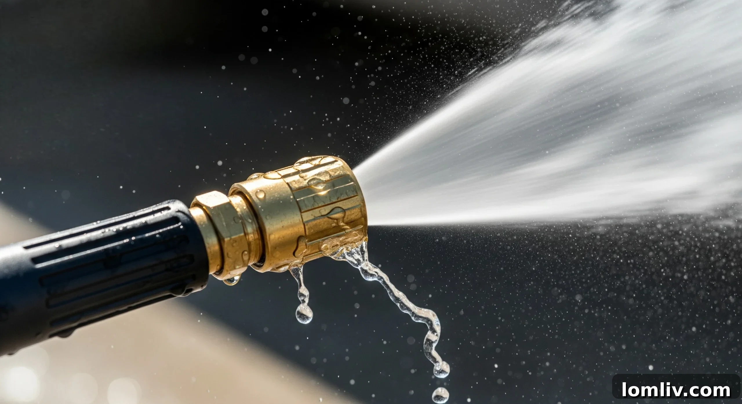 A close-up shot of a pressure washer nozzle demonstrating the powerful stream of water, highlighting pressure and efficiency.