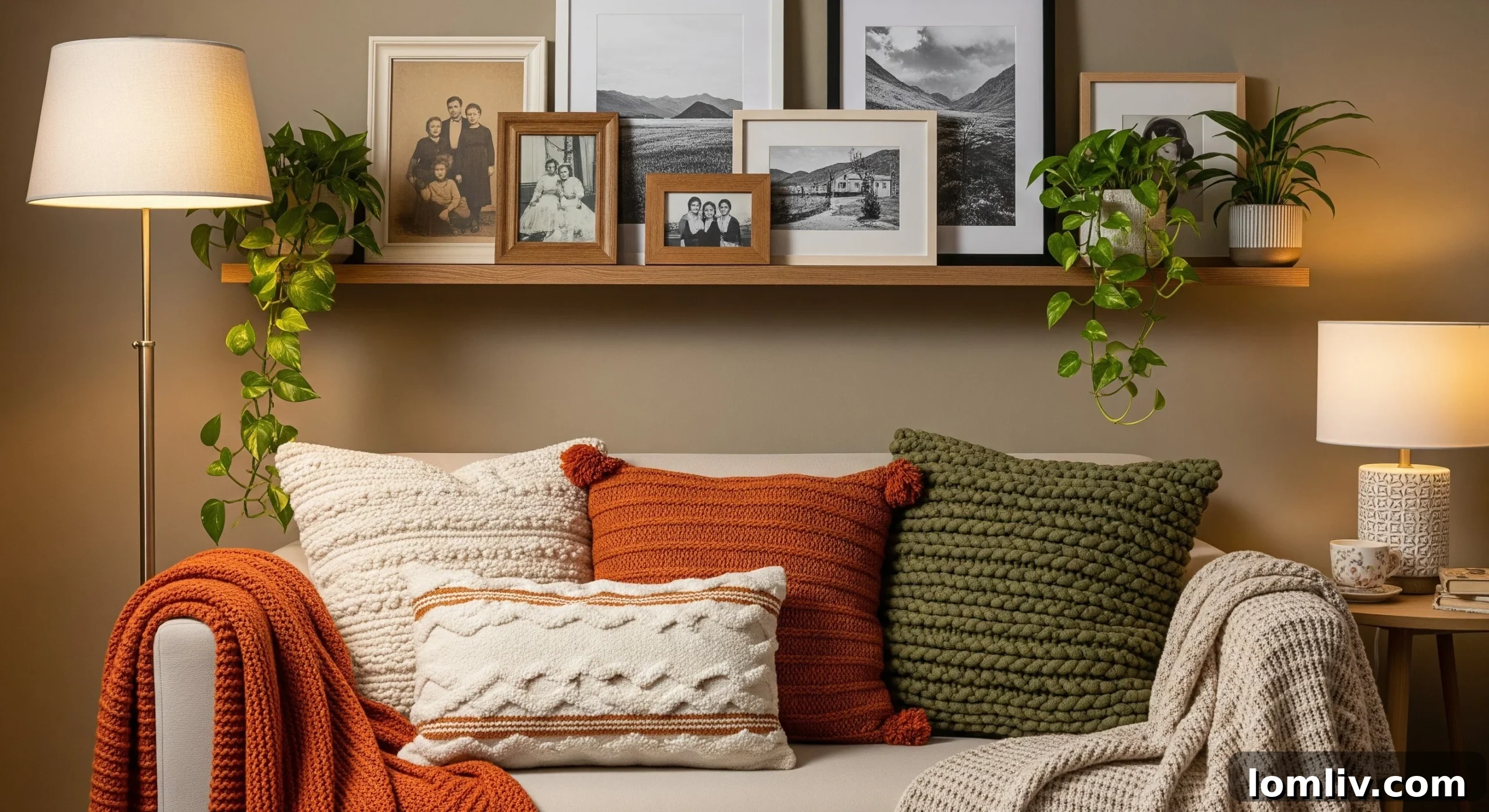 Cozy living room corner with soft lighting, personal decor, and a warm atmosphere