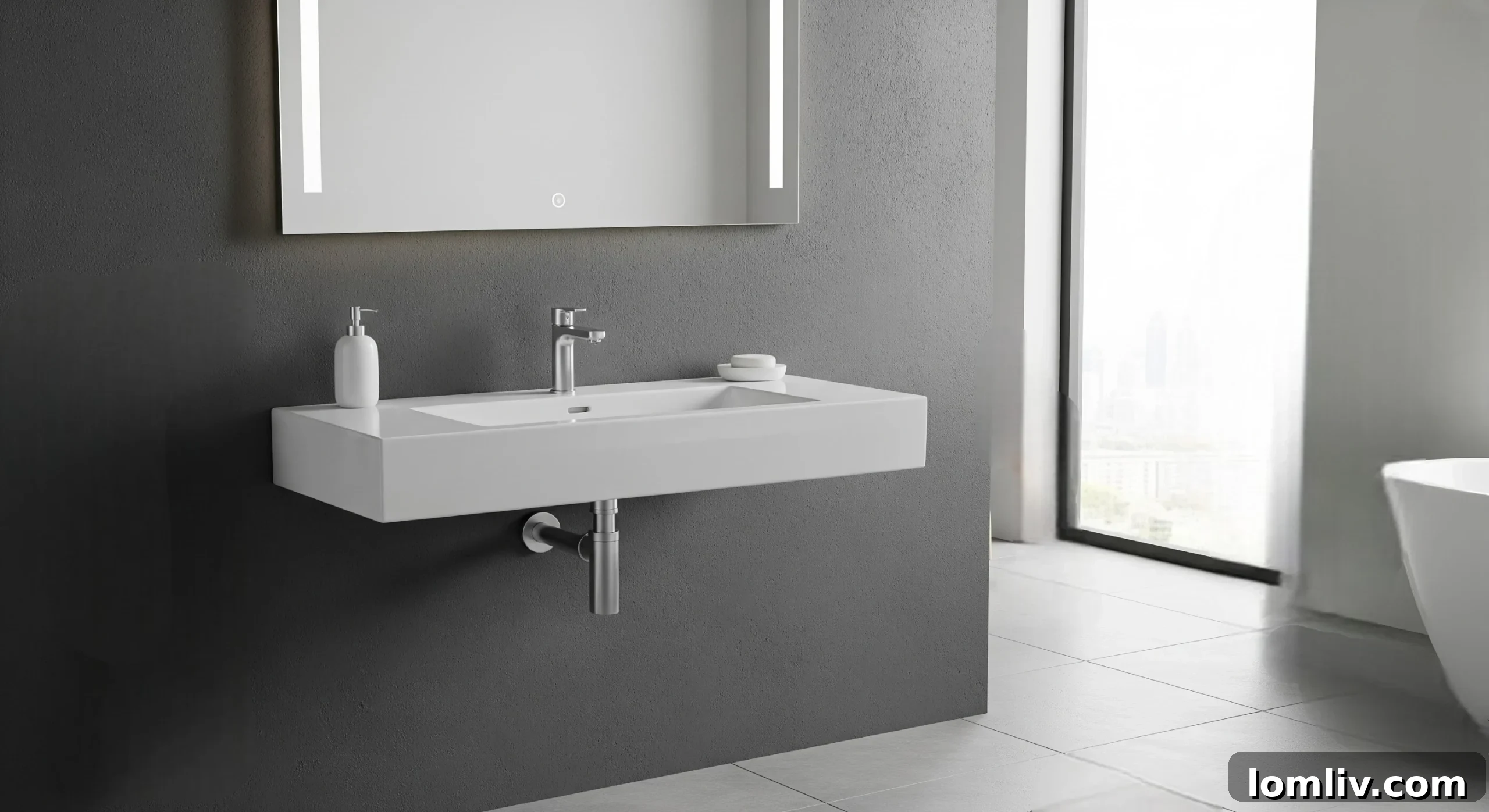 Sleek wall-mounted basin tap with a single lever control, demonstrating modern functionality and space-saving design.