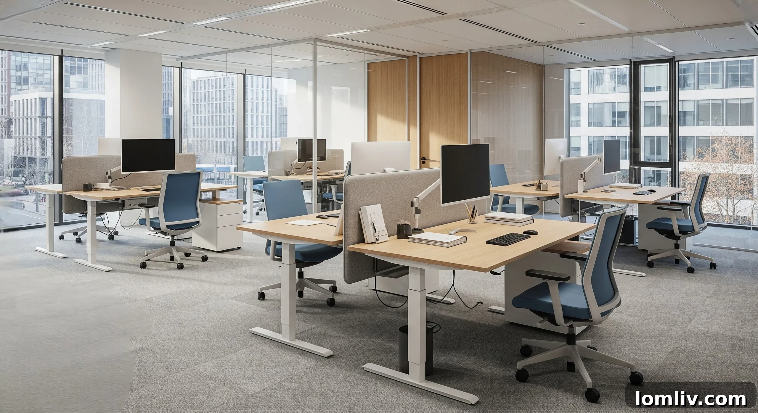 Modern office interior with ergonomic desks and natural light