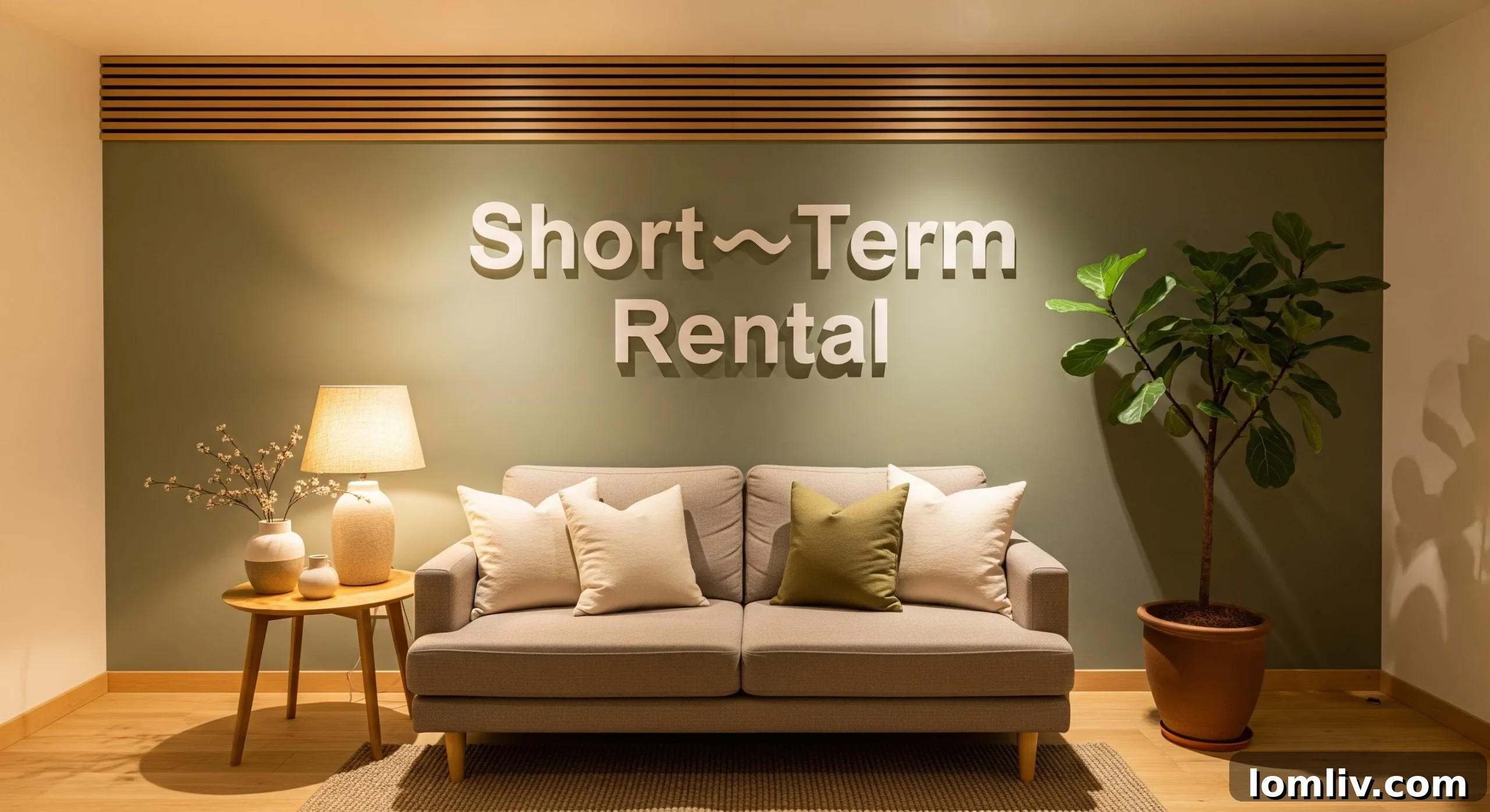 A modern and inviting short-term rental living room, featuring comfortable seating, a large window, and stylish decor.