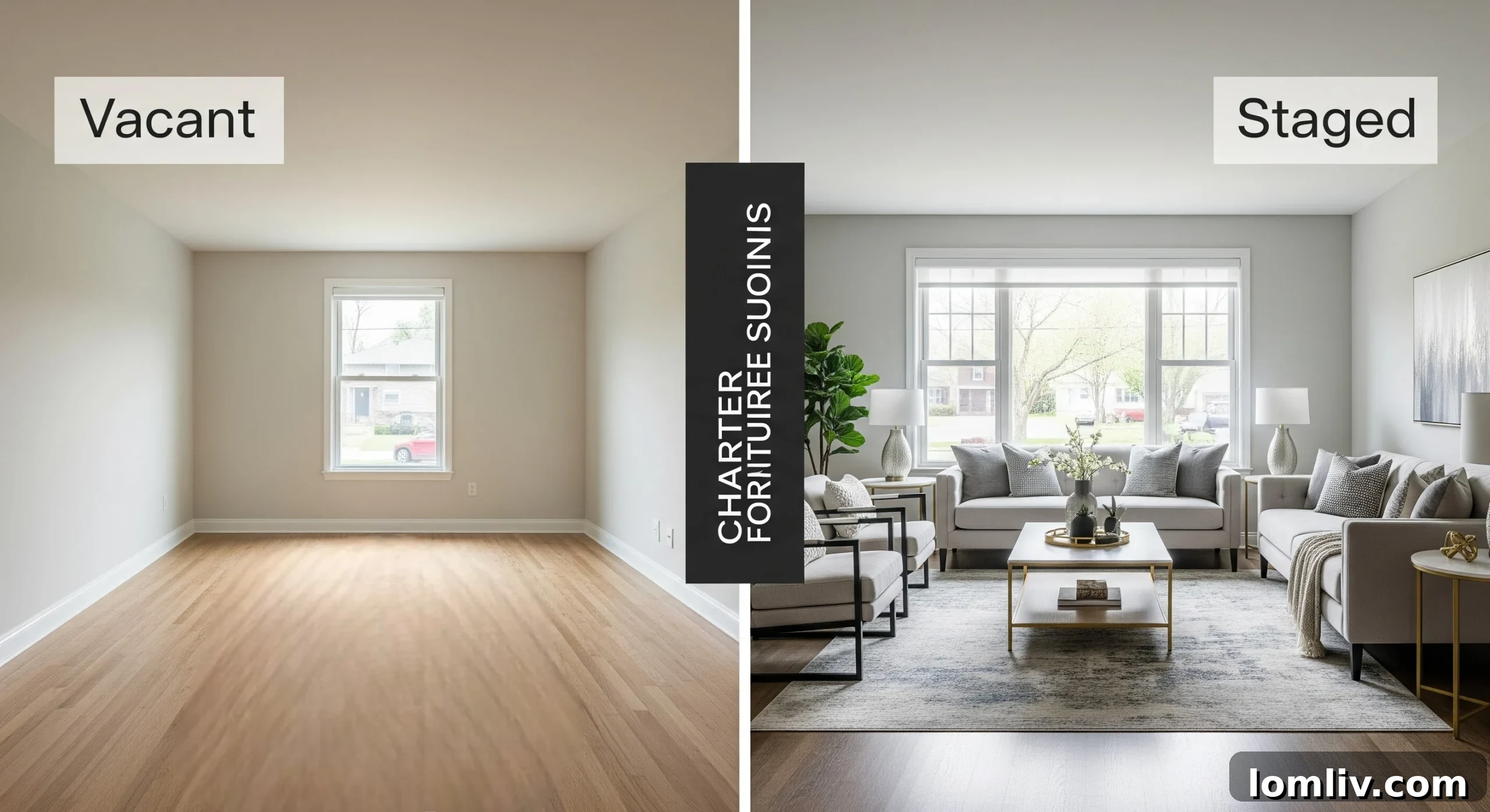 Potansiyel alıcılar için sıcaklık ve işlevsellik sergileyen ustaca sahnelenmiş oturma odası