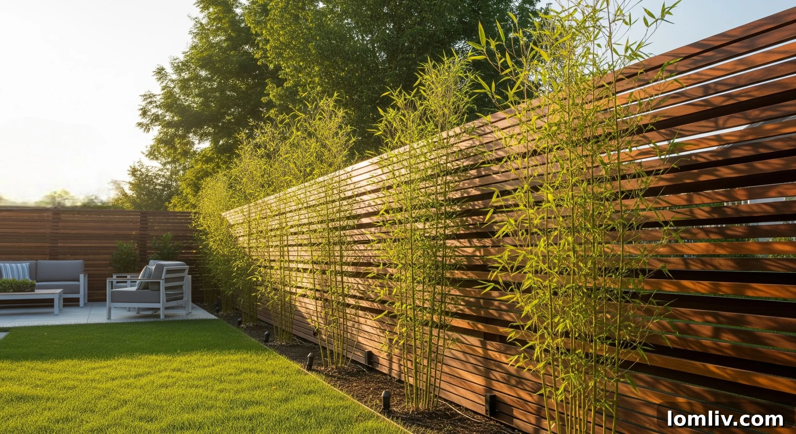 A lush, private backyard with a well-maintained fence and strategic plantings, creating a secluded oasis for potential buyers in Missouri.