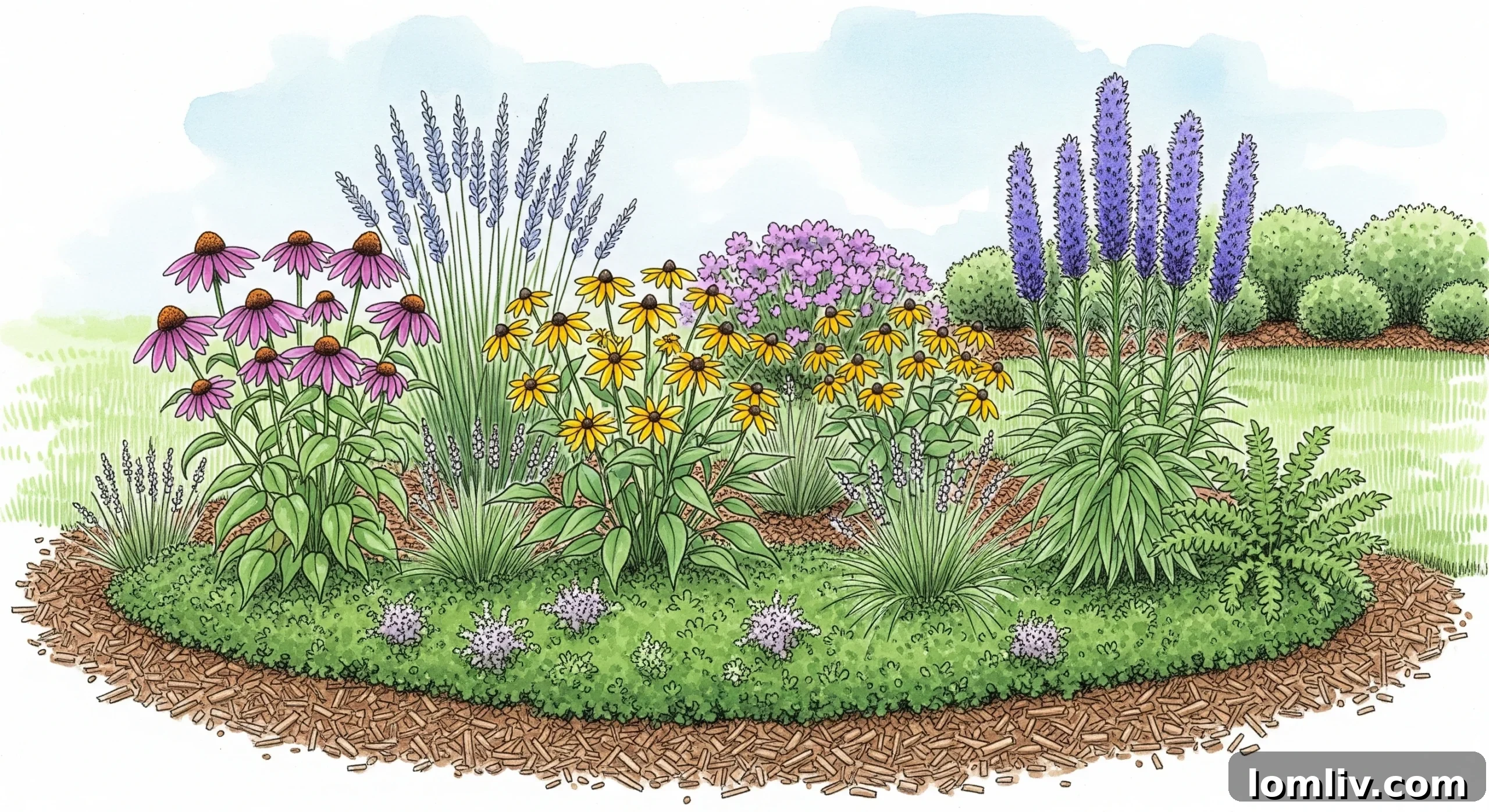 A beautifully maintained, low-maintenance native plant garden in Dallas, requiring minimal effort.