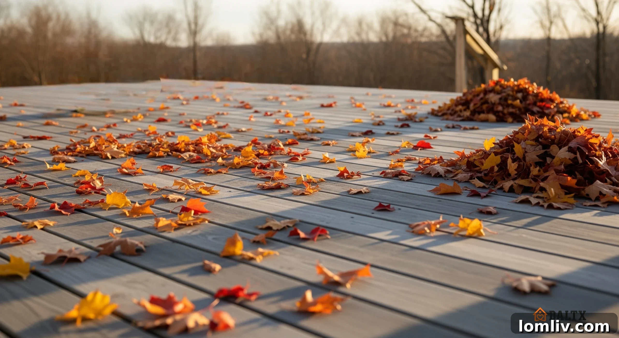 Leaves falling on a deck, signaling the need for autumn maintenance.