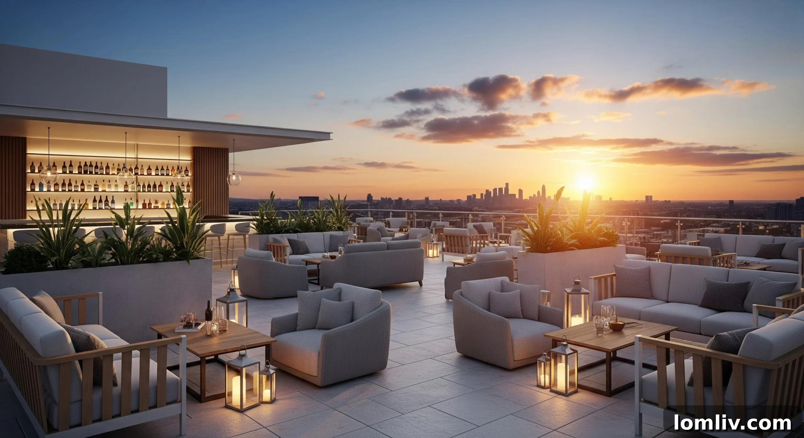 3D rendering of a luxury penthouse living room with modern decor and large windows