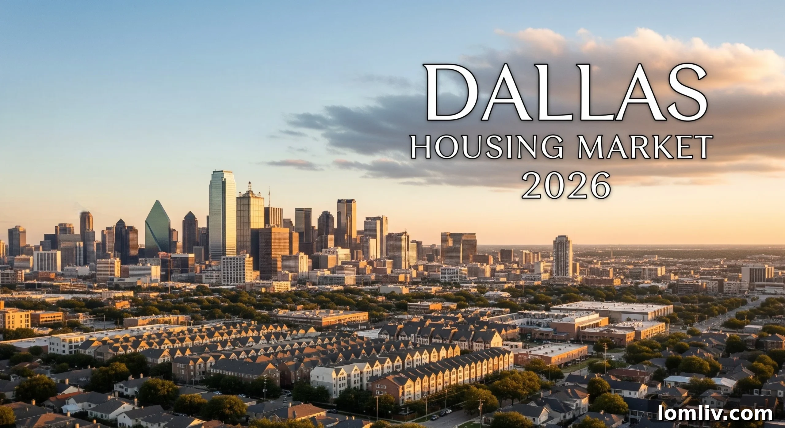 Dallas skyline with modern buildings at sunset, symbolizing a dynamic and growing city.