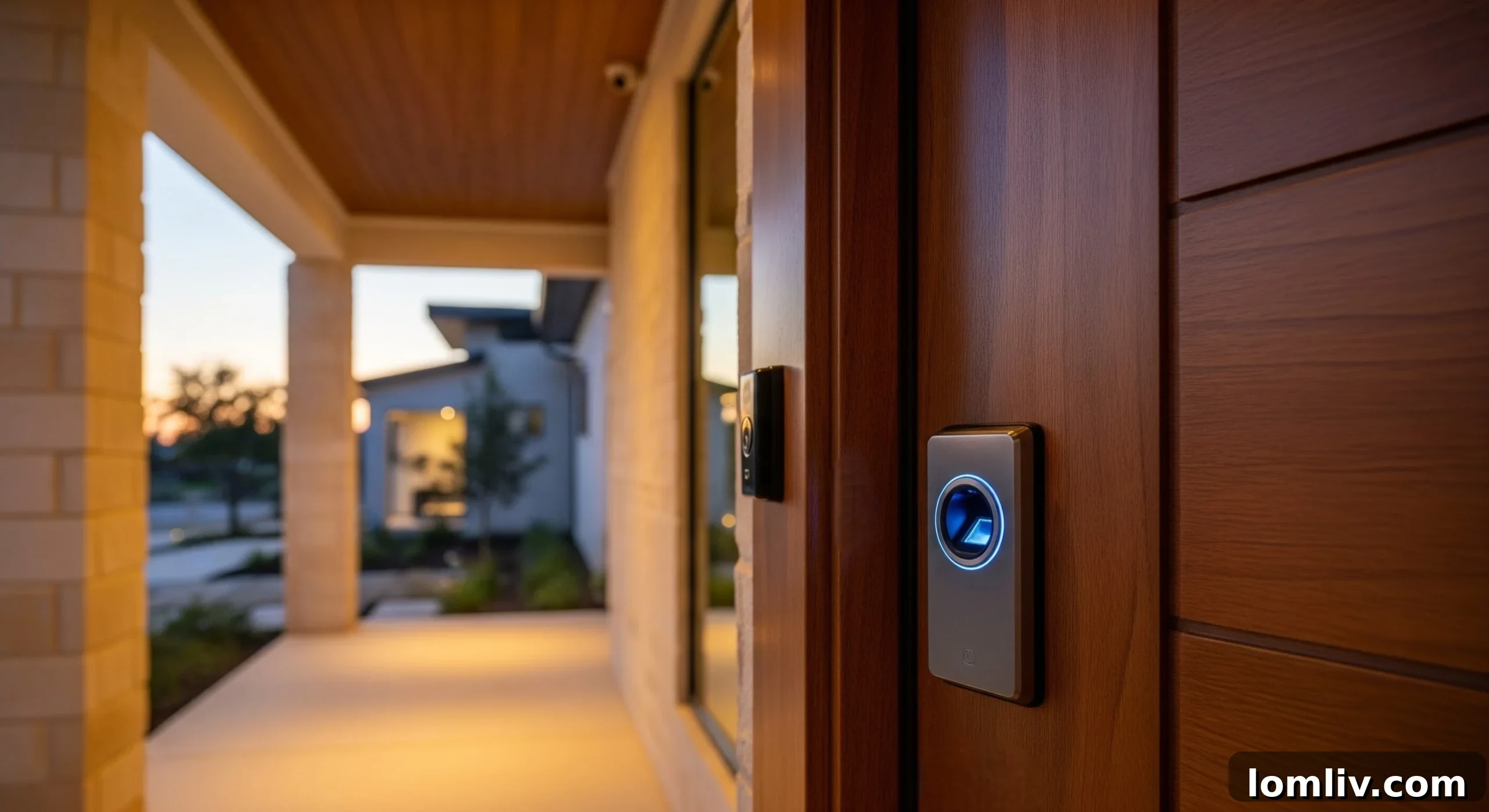 Modern biometric door lock installed on a front door, symbolizing advanced home security.