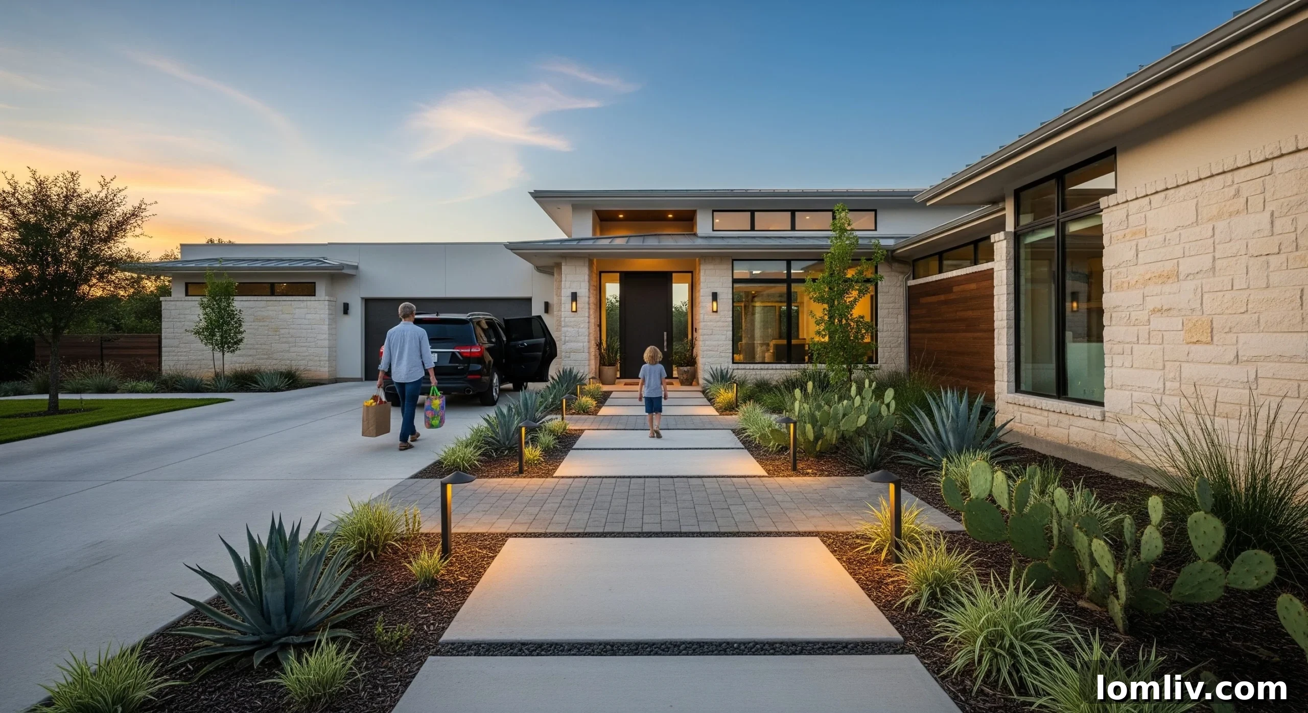 Elevating Your Home Arrival Experience 2 A pristine, well-defined stone walkway leading from a driveway to a modern home's entrance, surrounded by lush green lawn and clear landscaping.