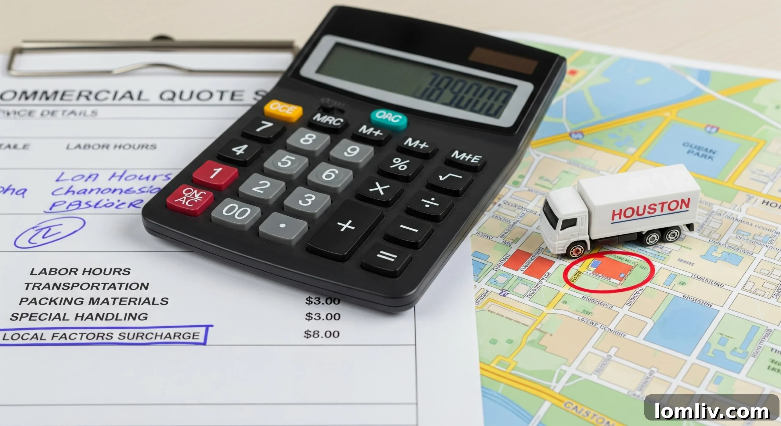 Houston skyline with moving trucks, symbolizing moving costs in Houston.