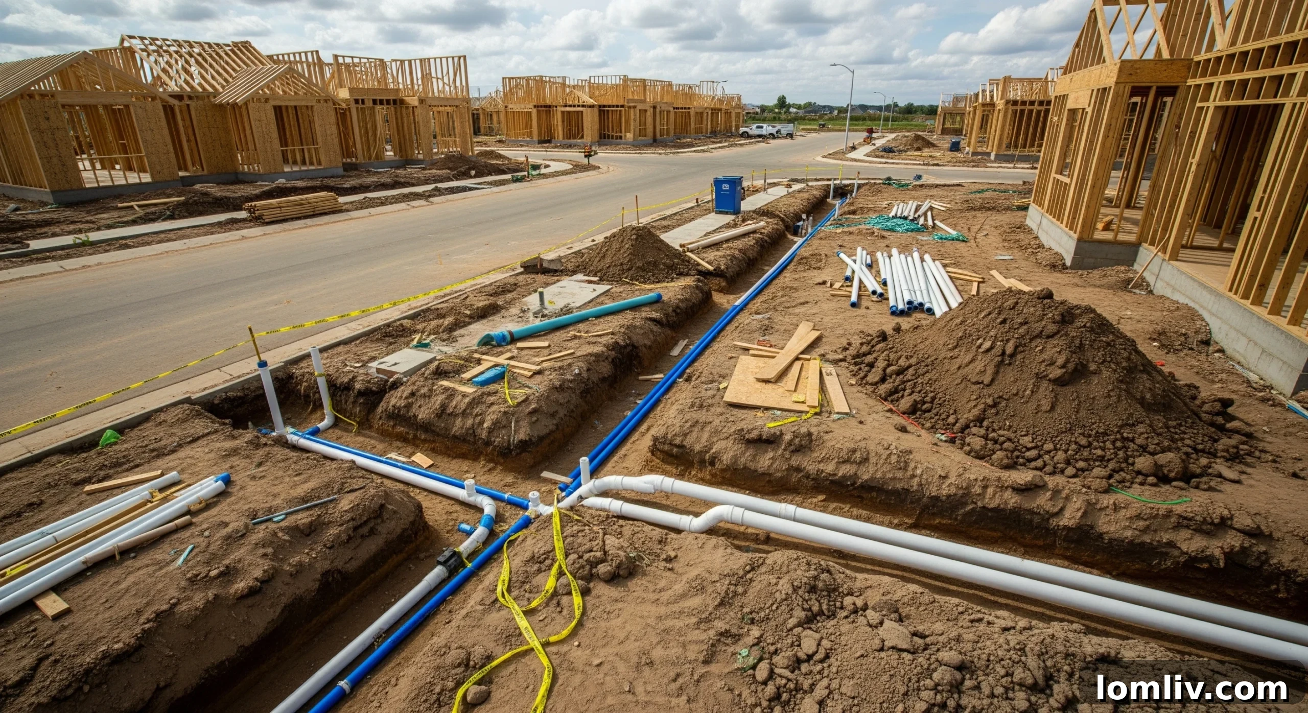A complex network of pipes and infrastructure, symbolizing the challenges of utility expansion in growing cities.