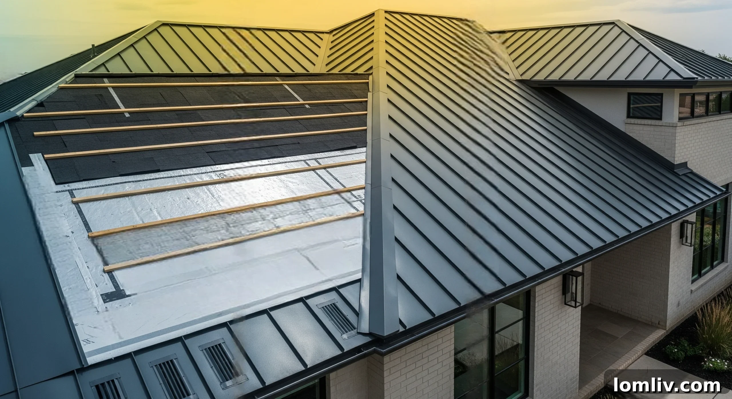 Metal roofing installation in progress, highlighting the structural framework and insulation layers.