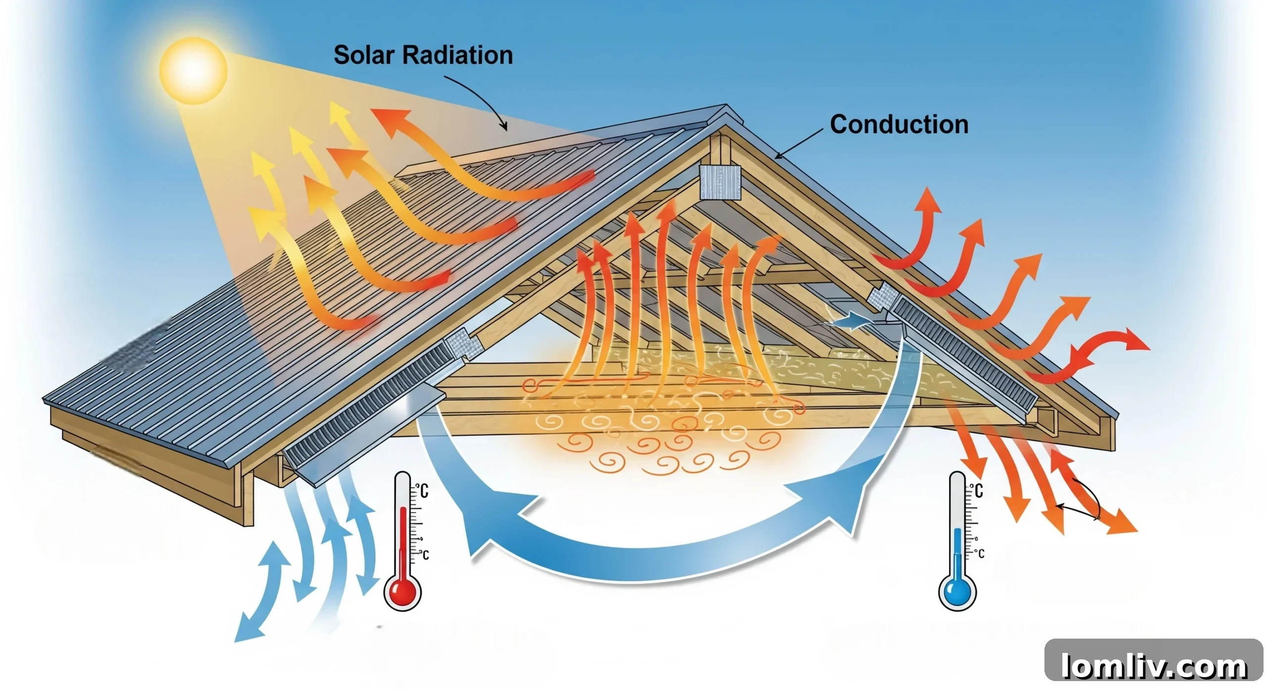 Diagram illustrating heat transfer pathways in a metal roof with and without insulation and ventilation.