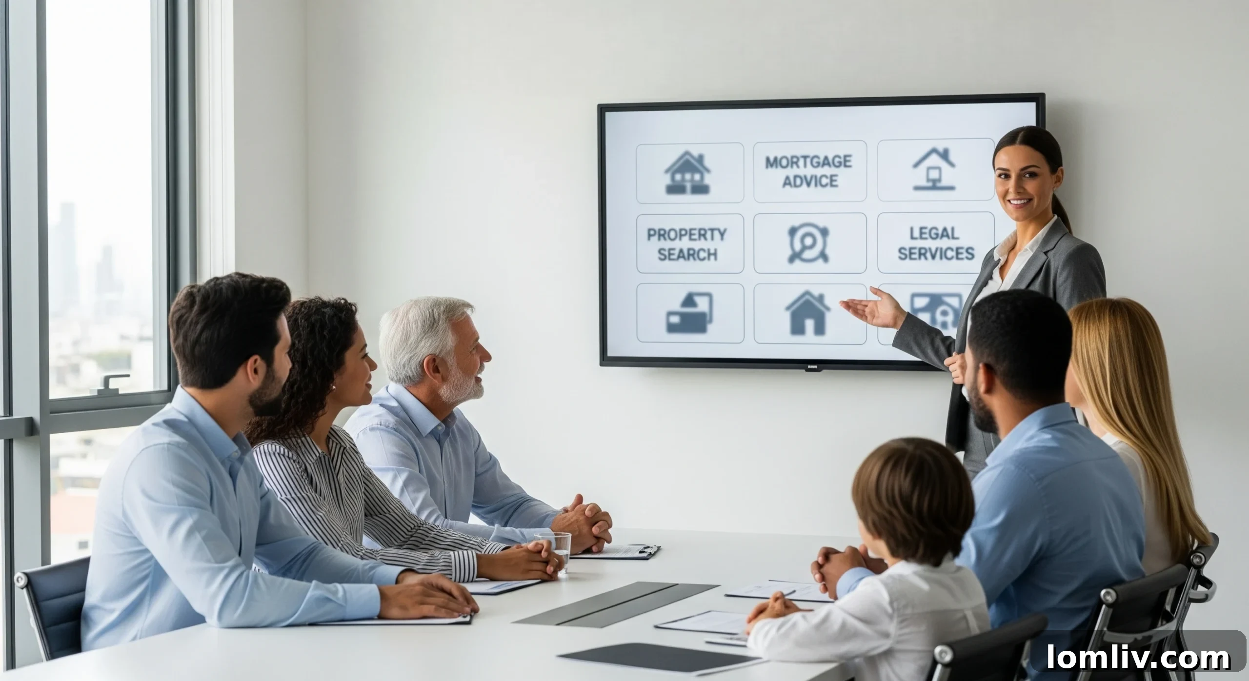 Elevating Agent Success Through Expanded Market Horizons 2 Diverse real estate clients discussing property options with a confident sales consultant, demonstrating broad market reach and personalized service.