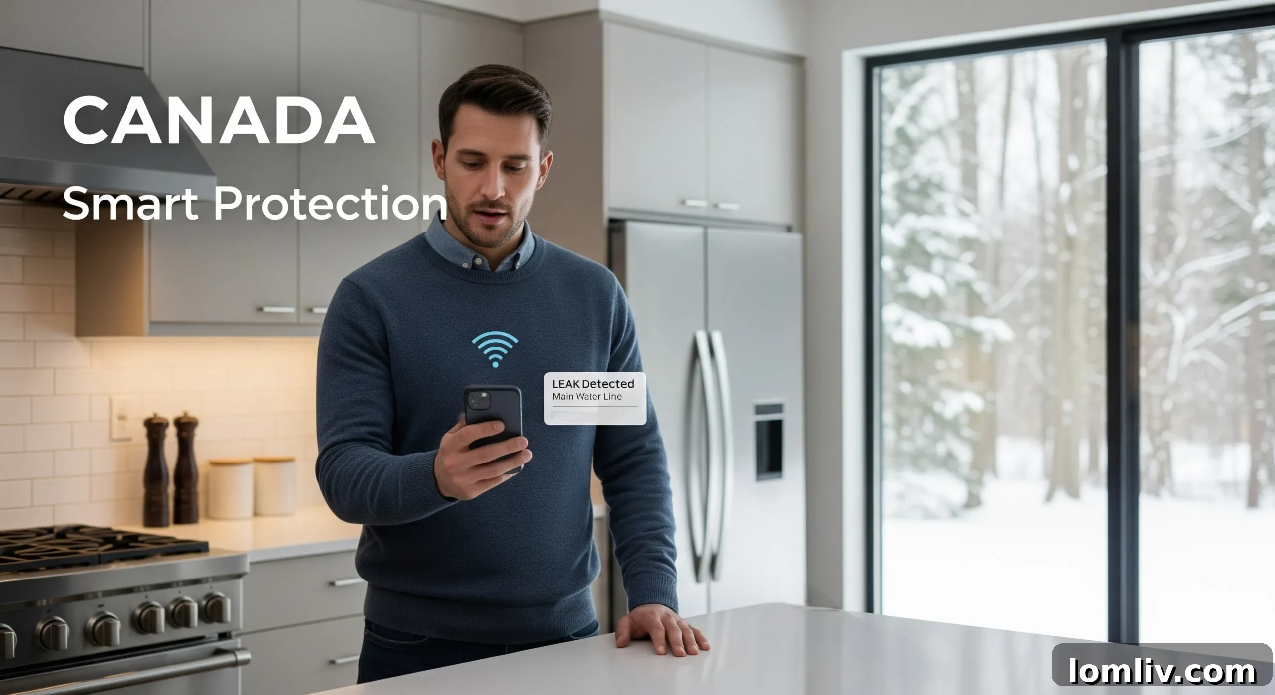 A smart home leak detection device attached to a water main, with a digital display showing water flow data.